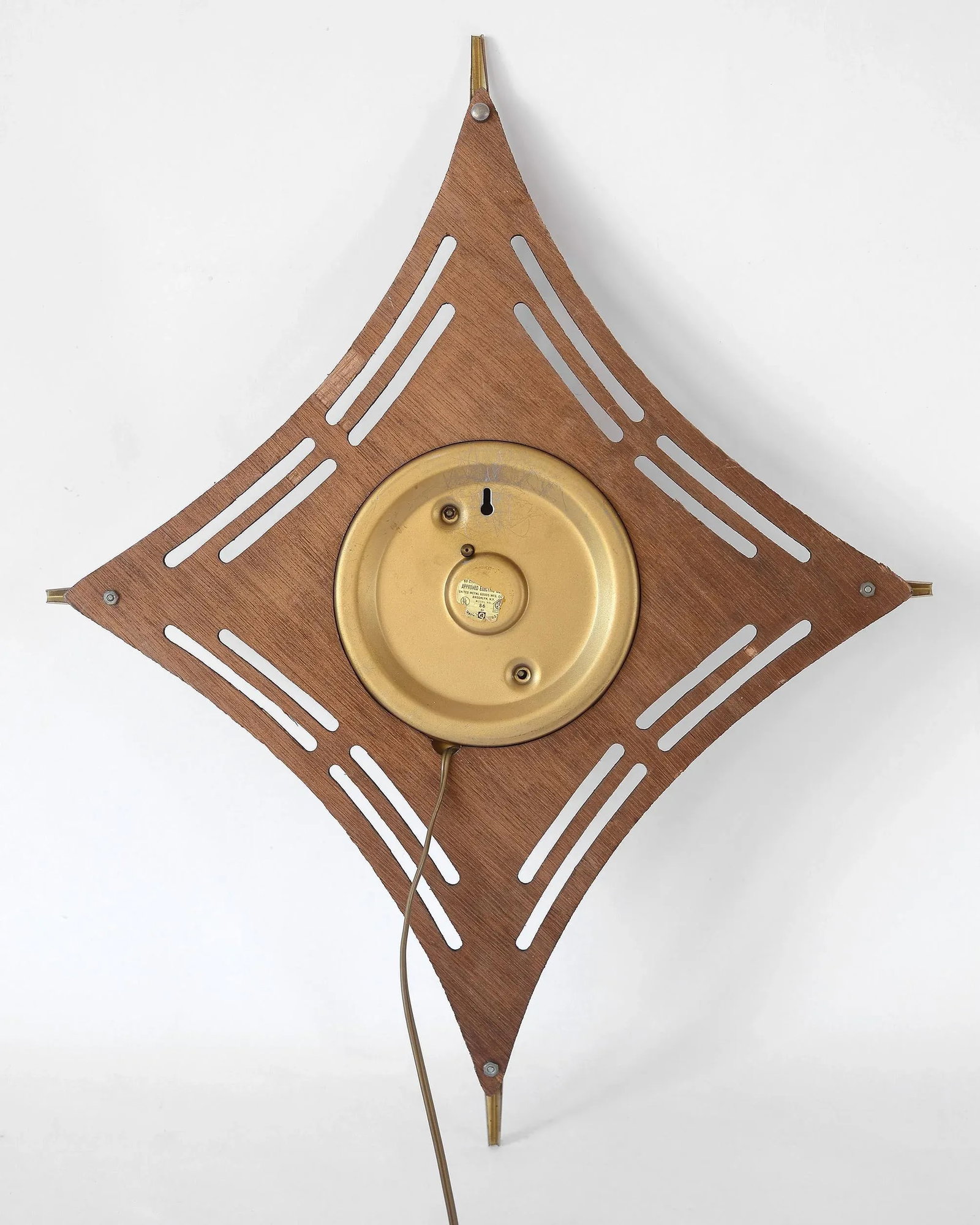 1950s United Mid Century Laminated Teak & Brass Diamond-Shaped Clock - 9