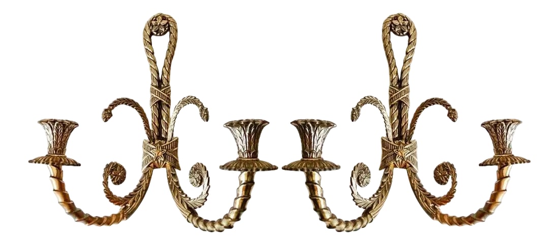 Mid Century French Solid Brass Sconces, a Pair: A lovely pair of Mid Century solid brass double arm candle sconces or appliques. These large wall sconces have a pretty braided and twisted scroll design. They are 16" high and heavy weighing 12