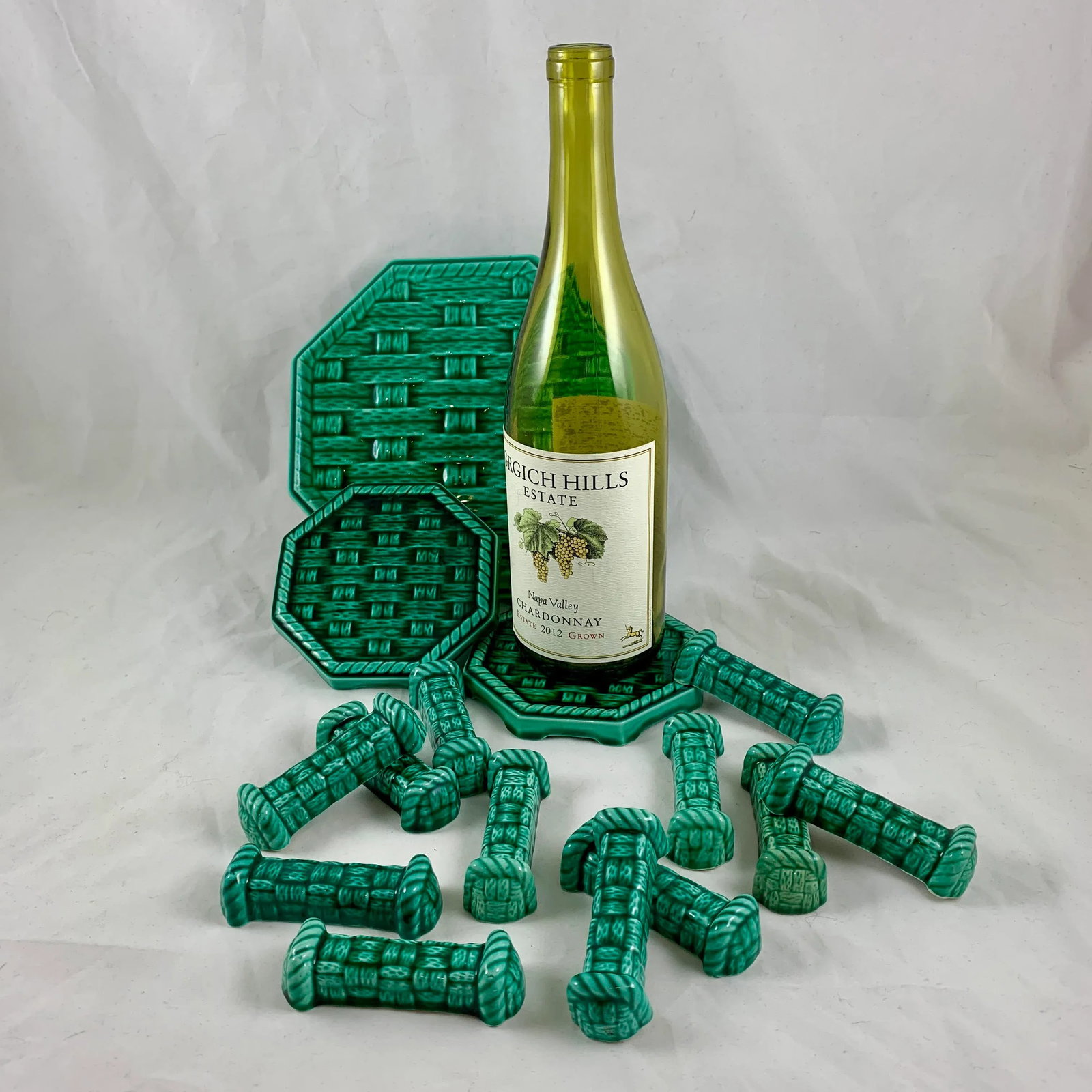 Digoin Sarreguemines Majolica Table Set - Trivet, Coasters & Knife Rests, 15 Pieces - 2