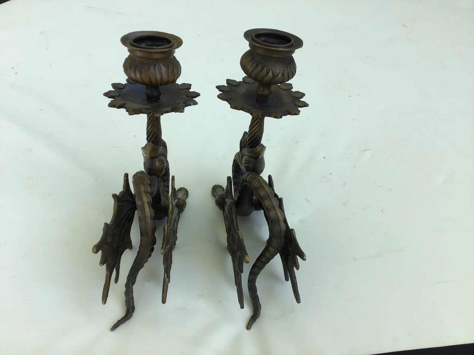 Jules Moigniez Style Bronze Griffin Dragon Sculpture Candle Holders - a Pair - 12