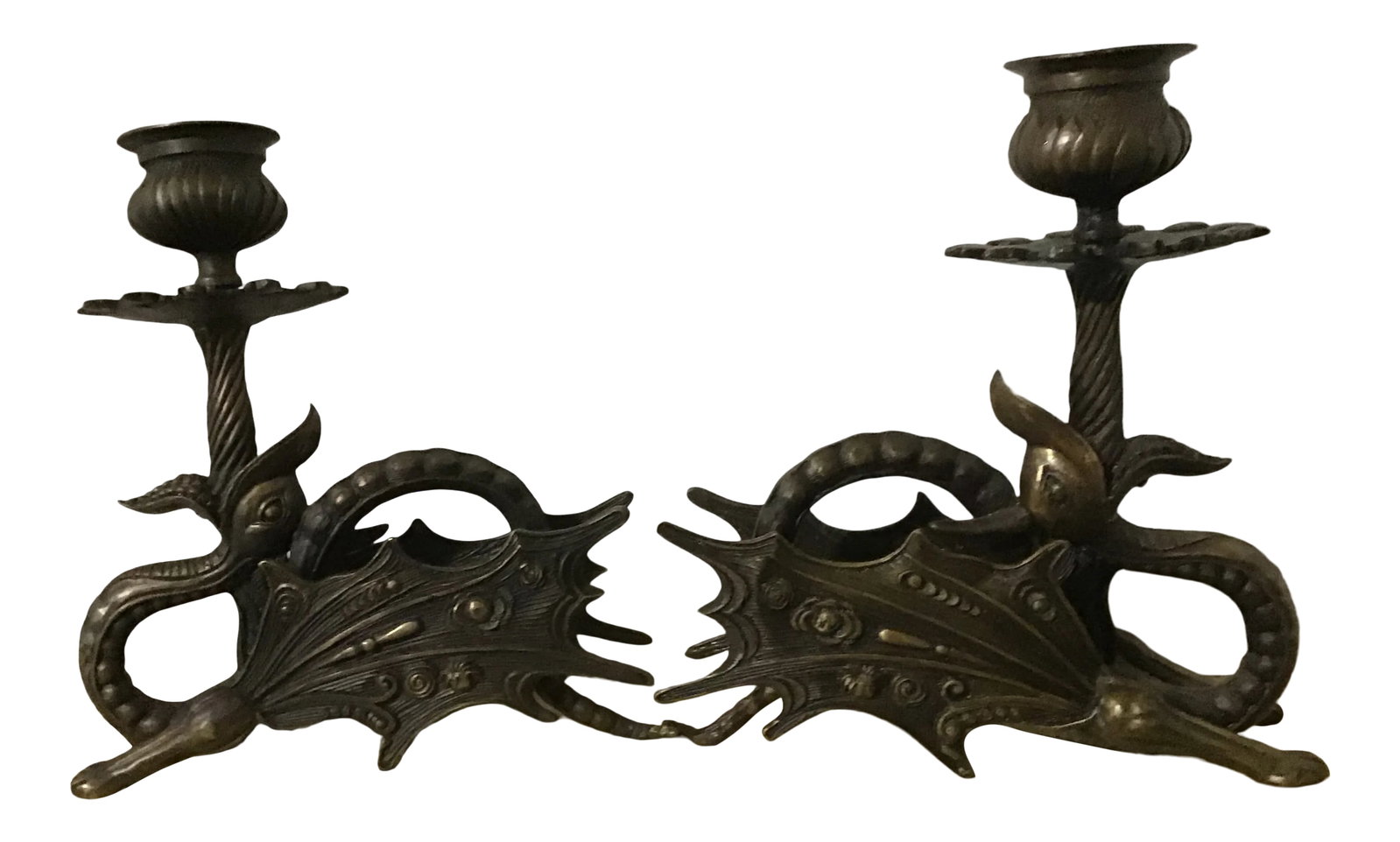 Jules Moigniez Style Bronze Griffin Dragon Sculpture Candle Holders - a Pair: Jules Moigniez Style Bronze Griffin Dragon Sculpture Candlesticks Holder a Pair Fabulous design on these vintage griffins Highly detailed Holds a thicker candles Actual age unknown I am selling a lot 