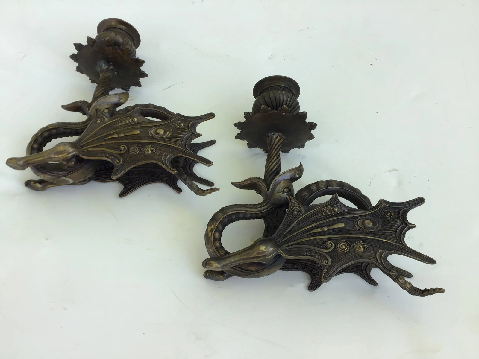 Jules Moigniez Style Bronze Griffin Dragon Sculpture Candle Holders - a Pair - 6
