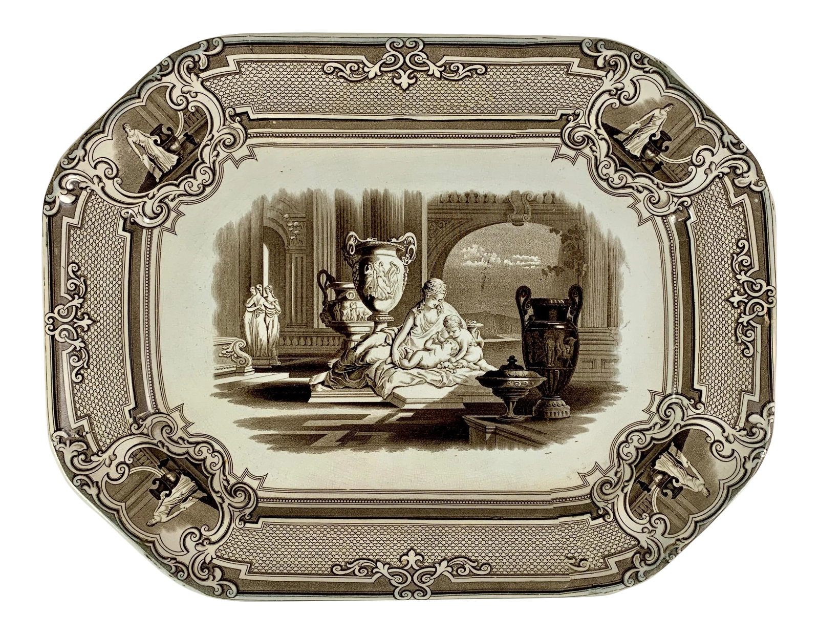 Podmore Walker Staffordshire Minerva Mythology Sepia Brown Transferware Platter (1 of 13)