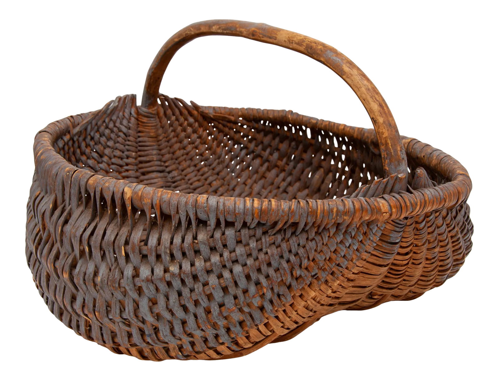 Early 20th Century Oblong Wooden Basket: Vintage basket with great shape & short, stout and sturdy handle. The basket was previously painted and has since been used so there is a worn patina of paint and wood. Great for storage or