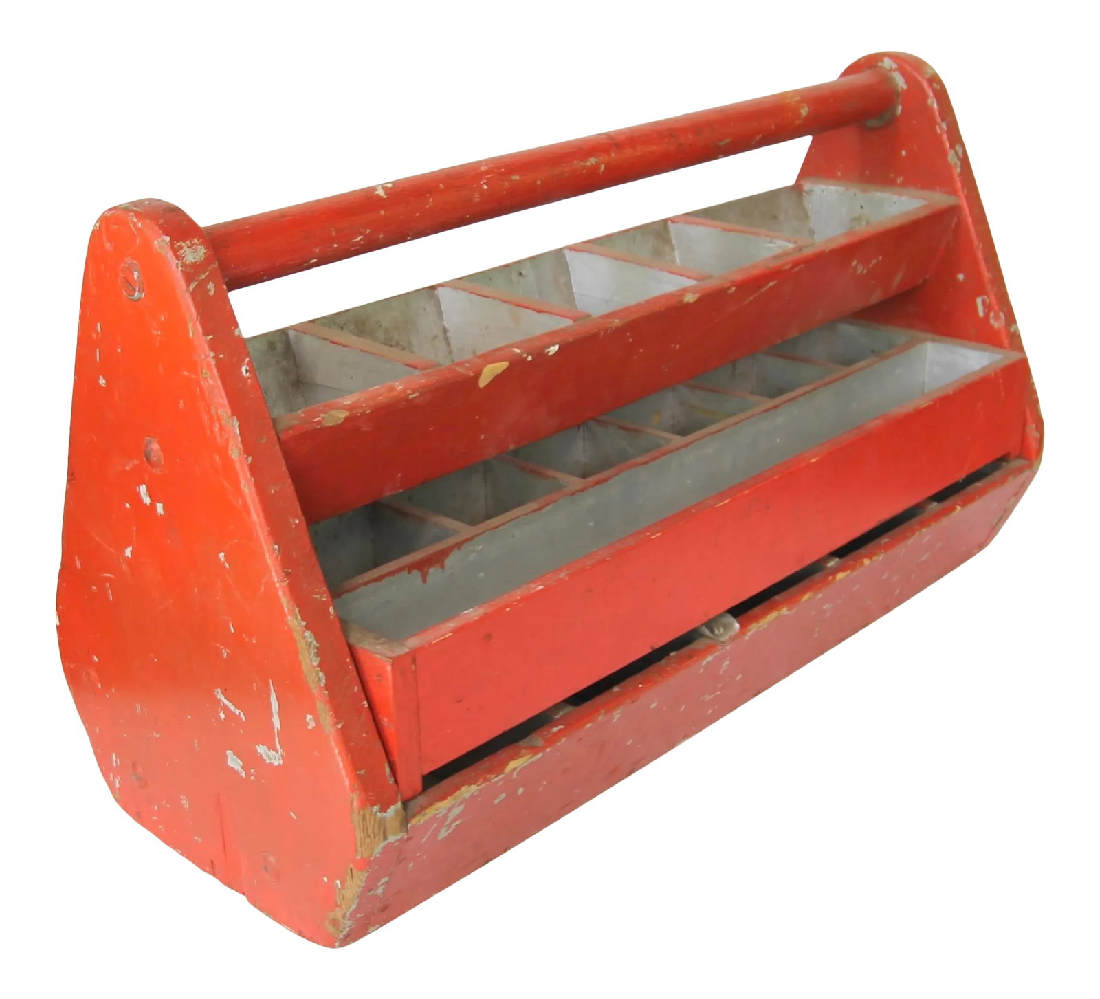 Vintage Red and Silver Wood Carryall: Circa 1930s handmade wood carry all or tool box. The second sectioned compartment slides from one side of the carrier to the other. In original red and silver paint. Carry all has scratches, paint los