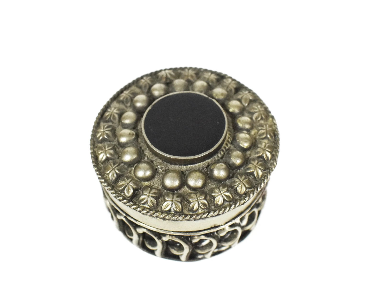 Vintage Round Embossed Silver Metal Pill Jewelry Trinket Box With Inlaid Stone - 2 Pieces - 5