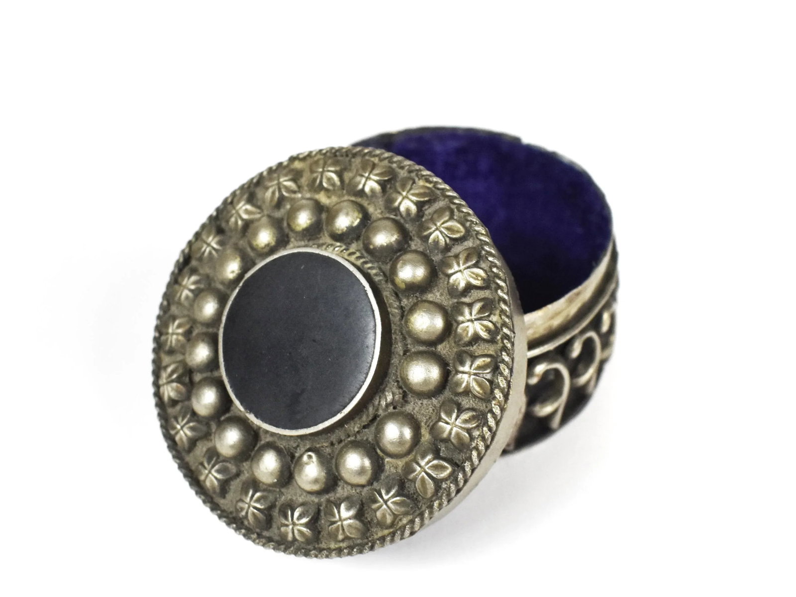 Vintage Round Embossed Silver Metal Pill Jewelry Trinket Box With Inlaid Stone - 2 Pieces - 6