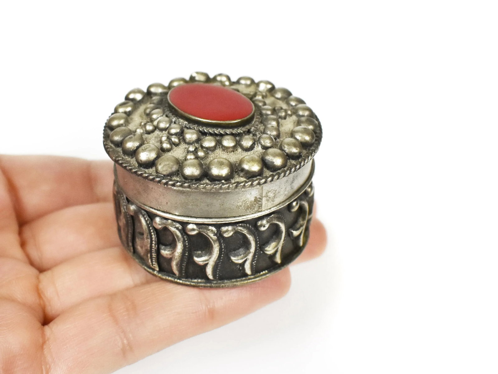 Vintage Round Embossed Silver Metal Pill Jewelry Trinket Box With Inlaid Stone - 2 Pieces - 9