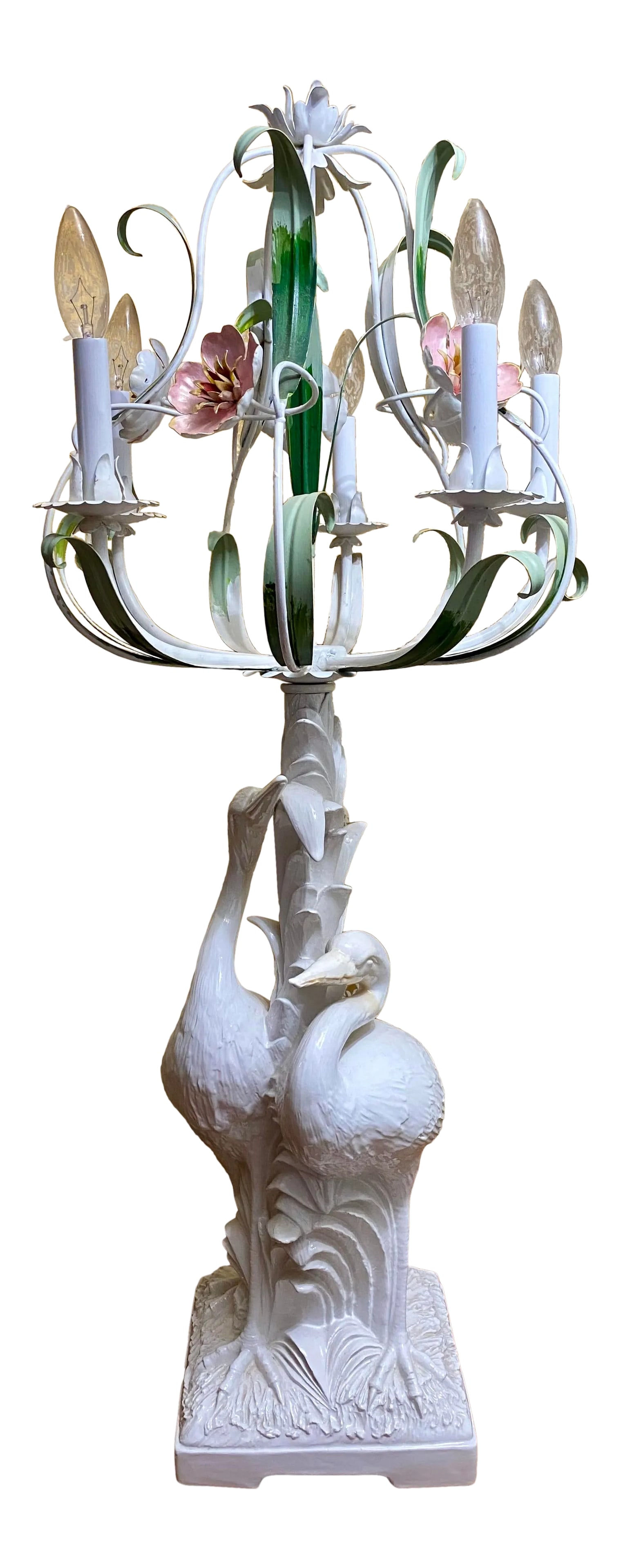 1970s Italian Palm Beach Regency Porcelain Crane Metal Painted Tole Floral Lamp: Palm Beach Regency Porcelain Crane Italian Metal Painted Tole Floral Lamp This lamp is incredibly beautiful and cool. There is a little yellowing on the beaks. Minor wear due to age. Condition: