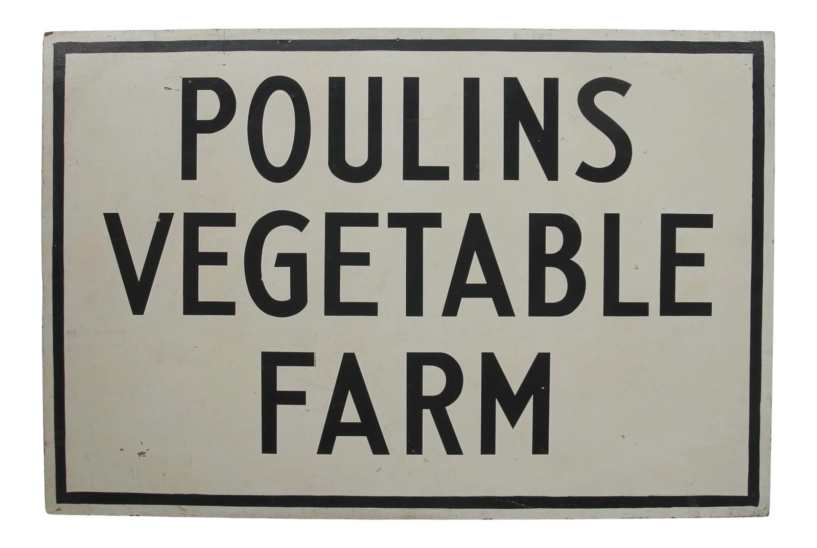 Vintage Poulins Vegetable Farm Stand Sign: Circa 1950s black and white wood hand painted farm stand sign found in Massachusetts. Sign is two sided and has painted black border. Scratches, discolorations, wear from outside use. Condition: