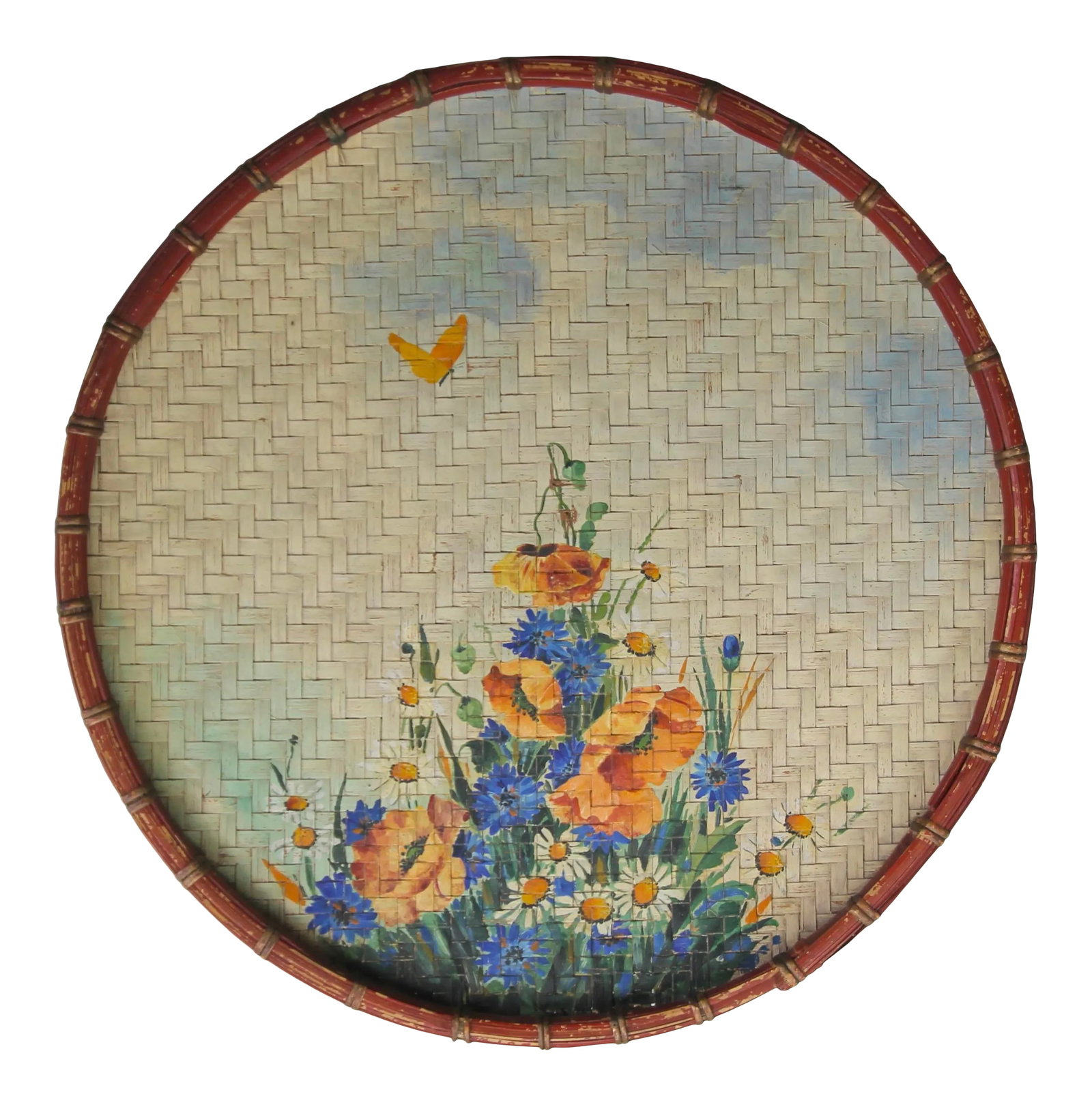 Circa 1940s Hand Painted Wall Hanging Basket: Circa 1940s woven basket with hand painted poppies, daisies, butterfly and clouds on front, original red painted trim. Basket has hanger incorporated on the back. No breaks in weaving, some wear and p