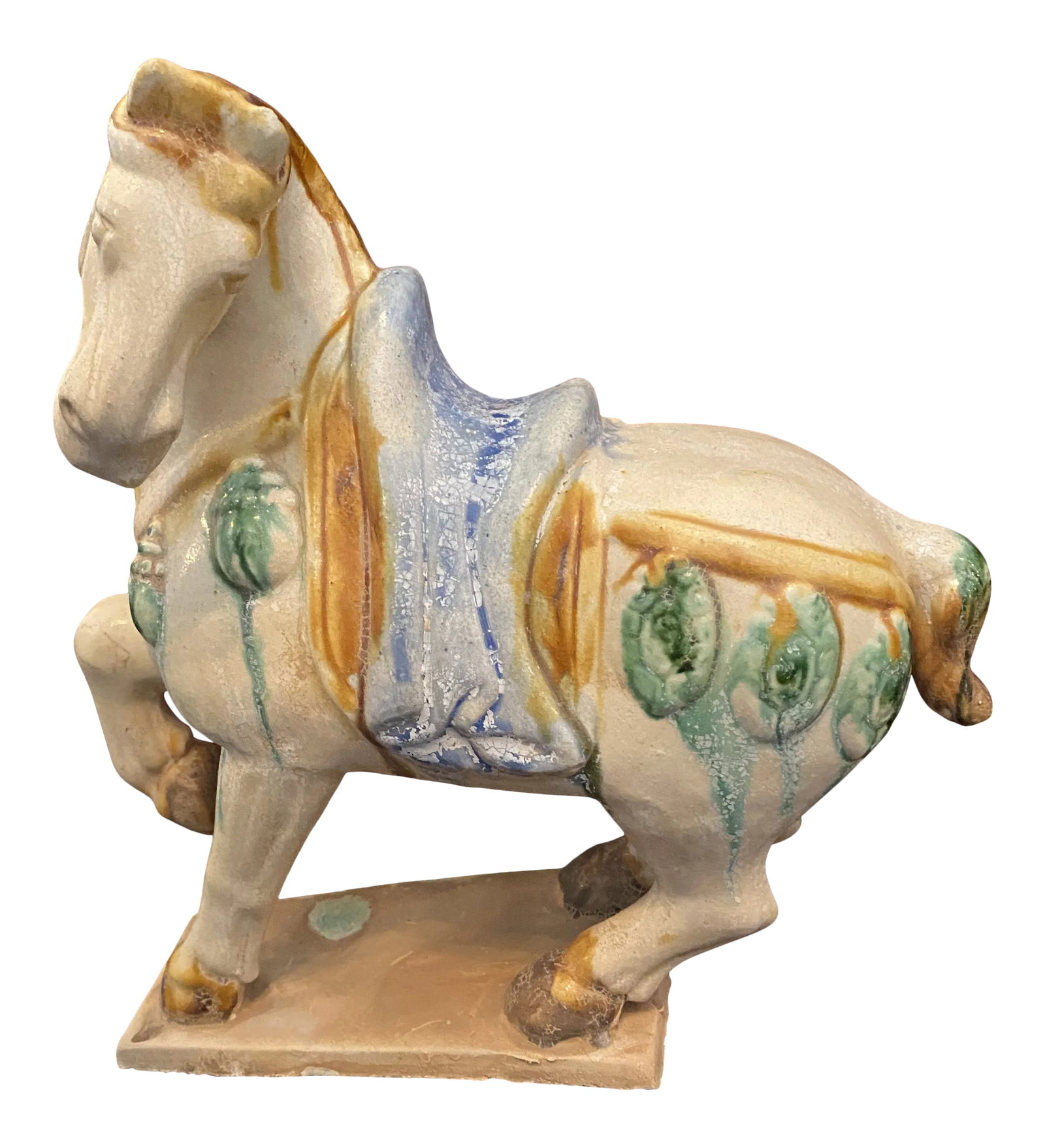 1980s Tang Style Glazed Terra Cotta Horse: Tang Style Terracotta Glazed Horse in a Stunning Rare Position. This would make a great Decorative piece in an Office or any room. Condition: Alterations: Original Condition Unaltered Imperfections: