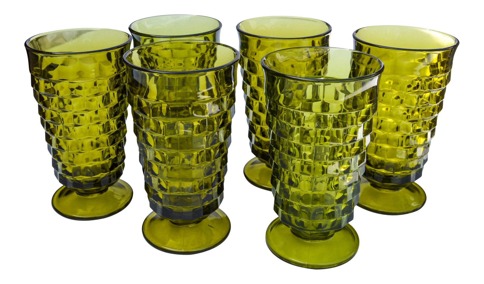 Vintage Mid-Century Textured Green Glasses, S/6: Stunning set of six midcentury textured green glass water stems with ornate glass-cut design and intricate diamond details. No marks. This beautiful set ships within 1-2 business days from purchase,