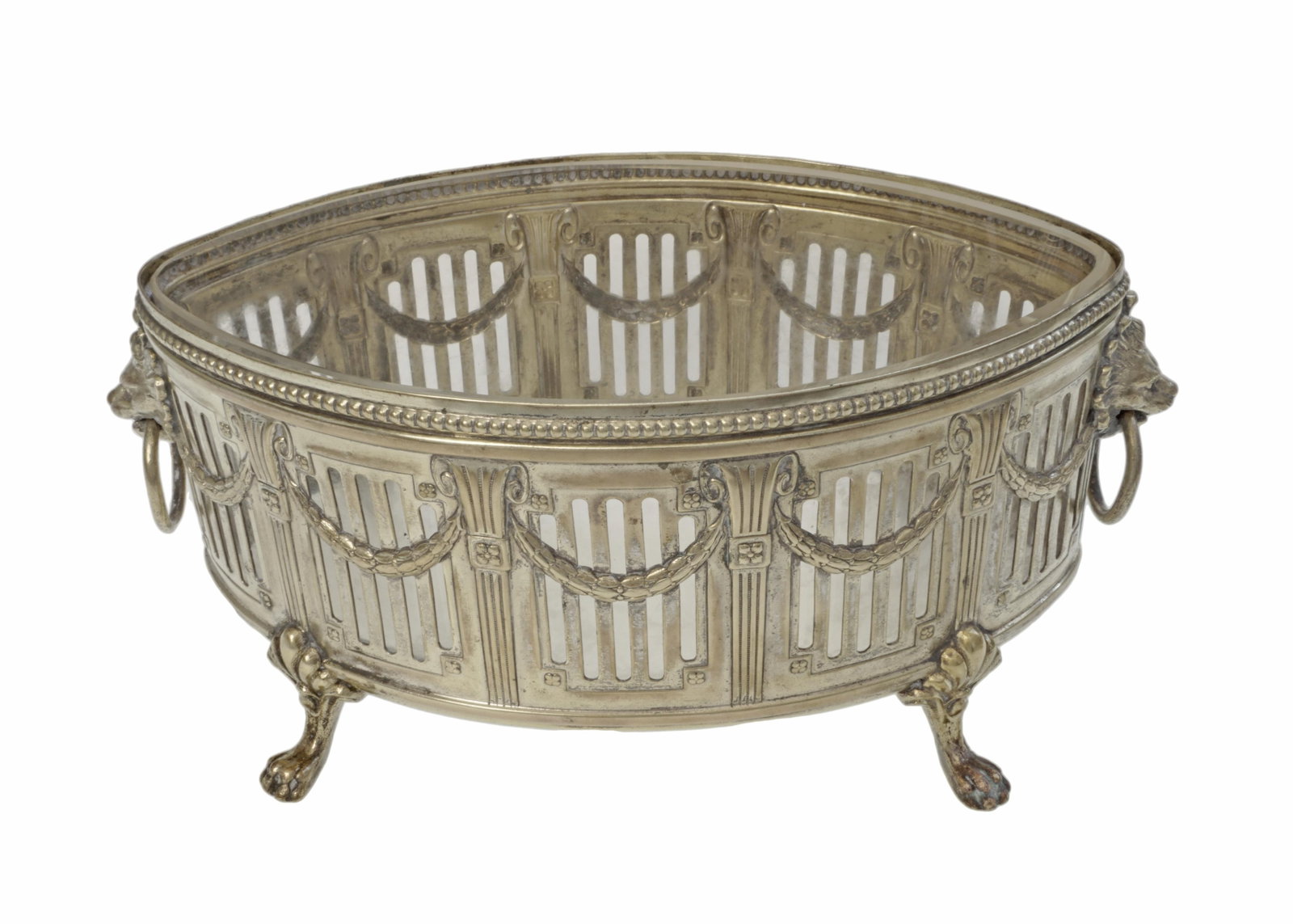 Antique WMF Jardiniere Glass Liner Centerpiece Bowl Neoclassical Style Silverplate Brass Lion Handle - 5