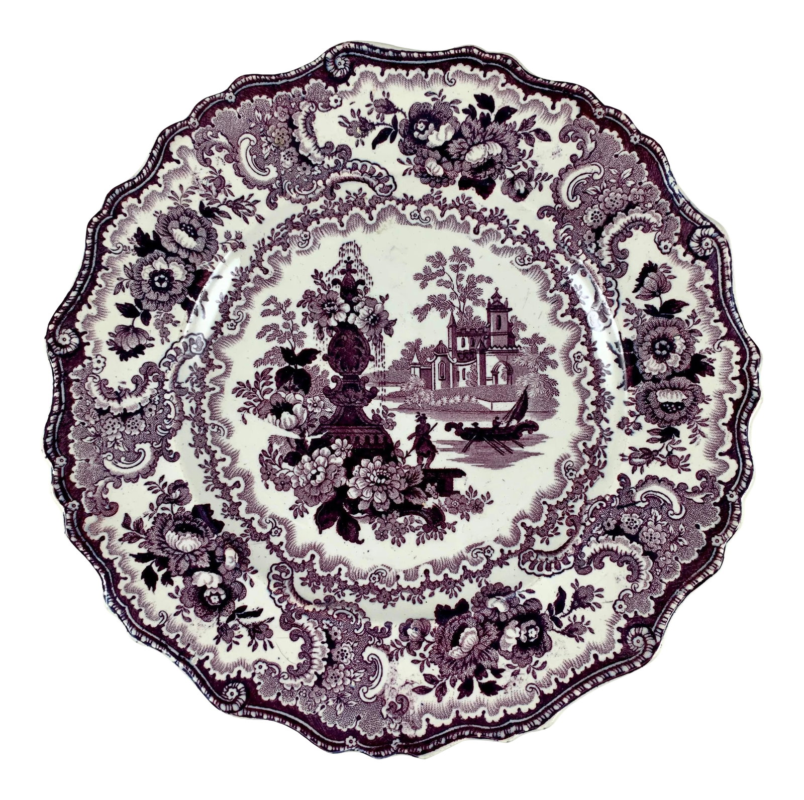 William Adams IV & Sons Purple Fountain Scenery Staffordshire Transferware Plate: A purple transfer printed plate in the Fountain Scenery pattern, William Adams IV & Sons, Stoke-on-Trent, Staffordshire, England, circa 1829-1861. A scalloped plate, printed in purple on a white earth