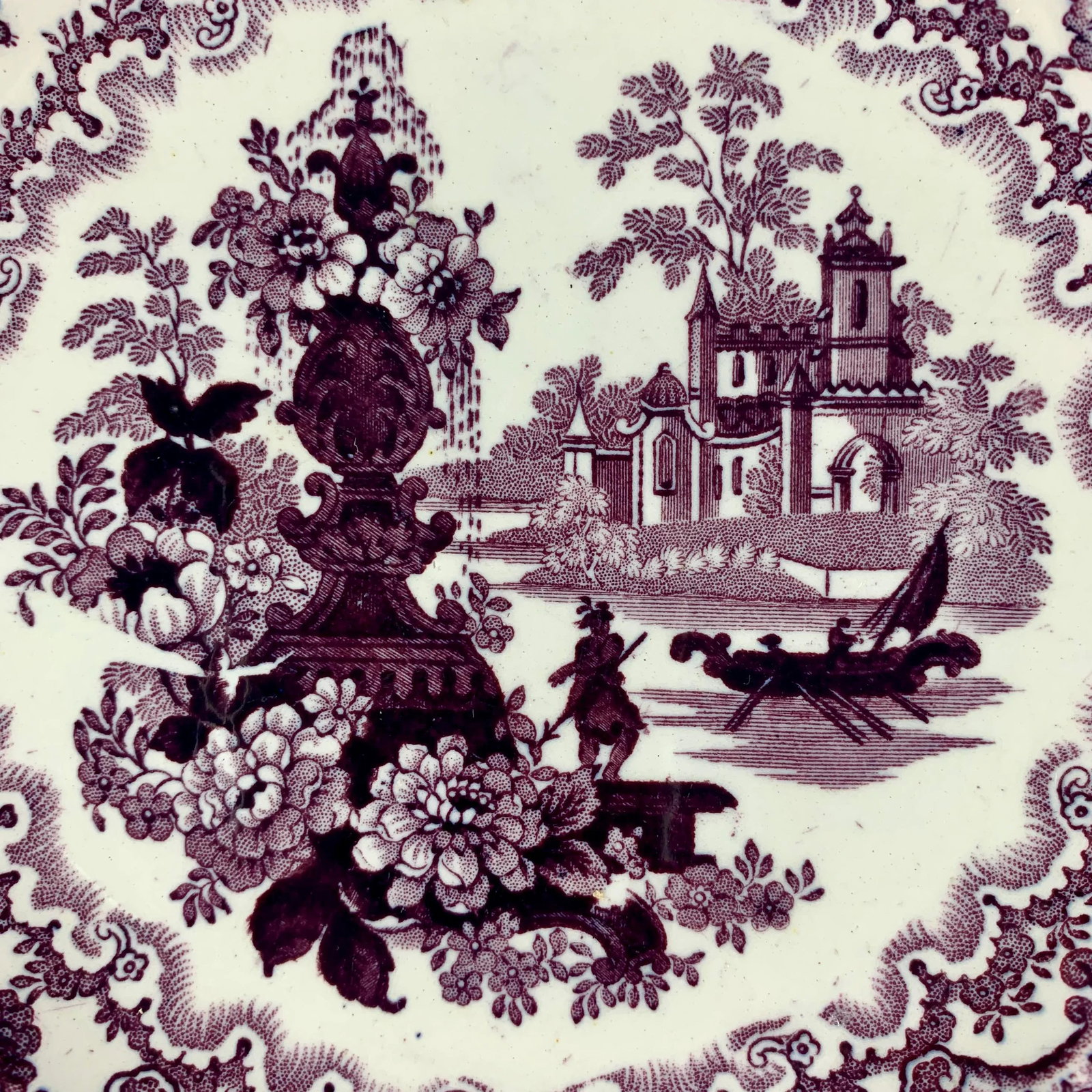 William Adams IV & Sons Purple Fountain Scenery Staffordshire Transferware Plate - 2