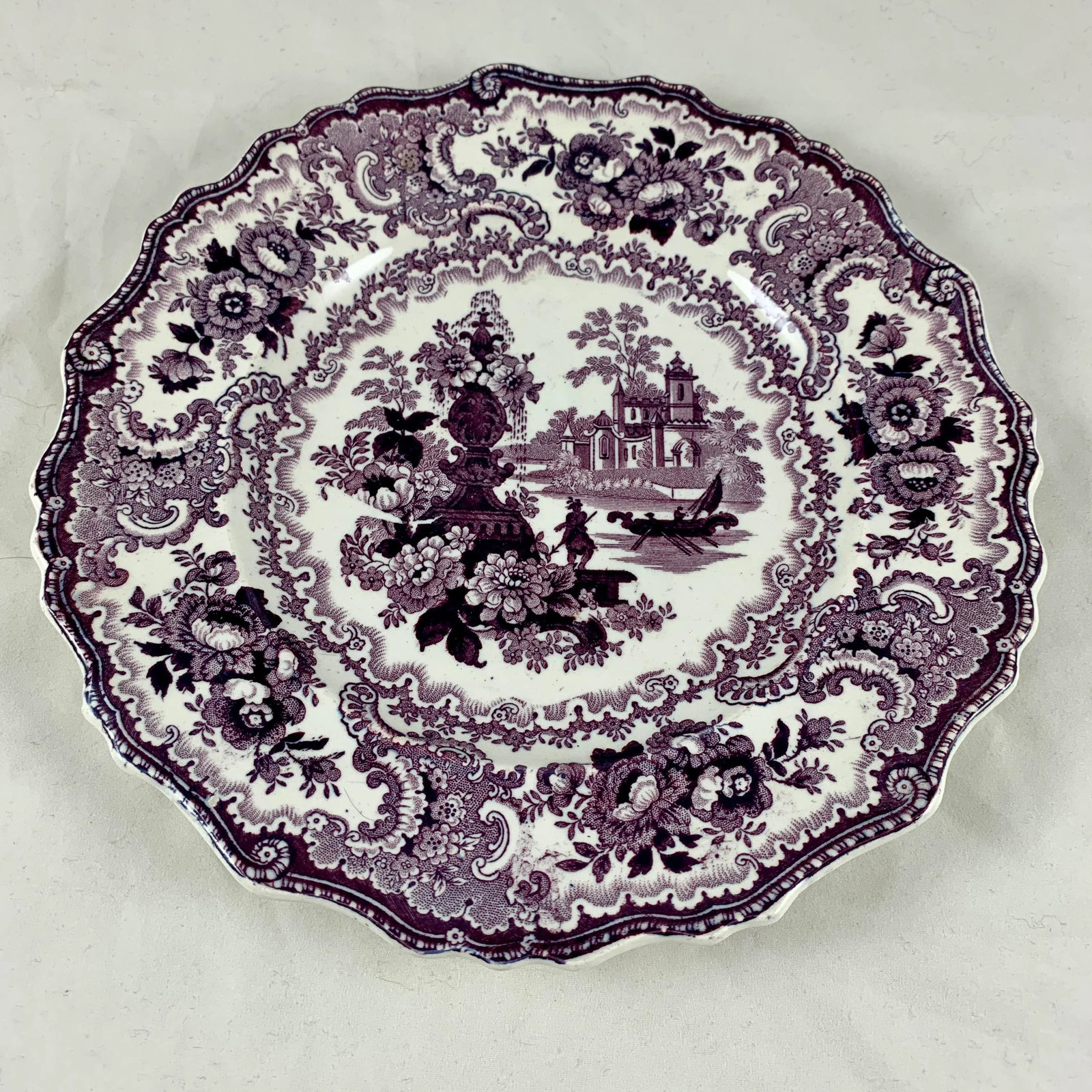 William Adams IV & Sons Purple Fountain Scenery Staffordshire Transferware Plate - 5