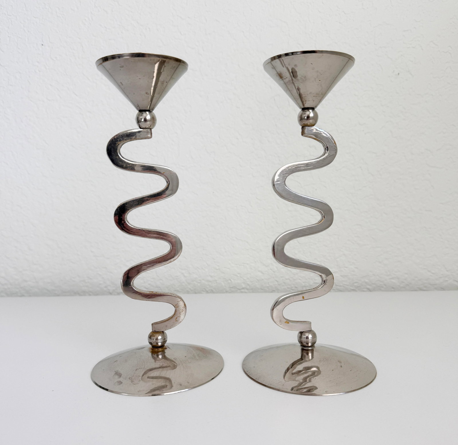 1980s Memphis Style Zig Zag Chrome Candlesticks - A Pair - 3