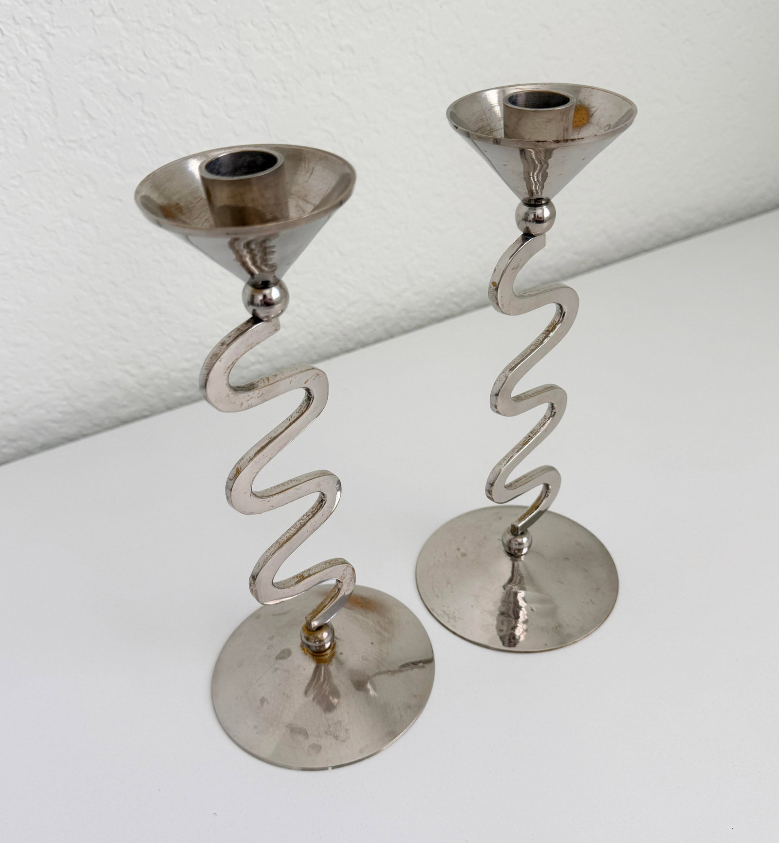 1980s Memphis Style Zig Zag Chrome Candlesticks - A Pair - 5