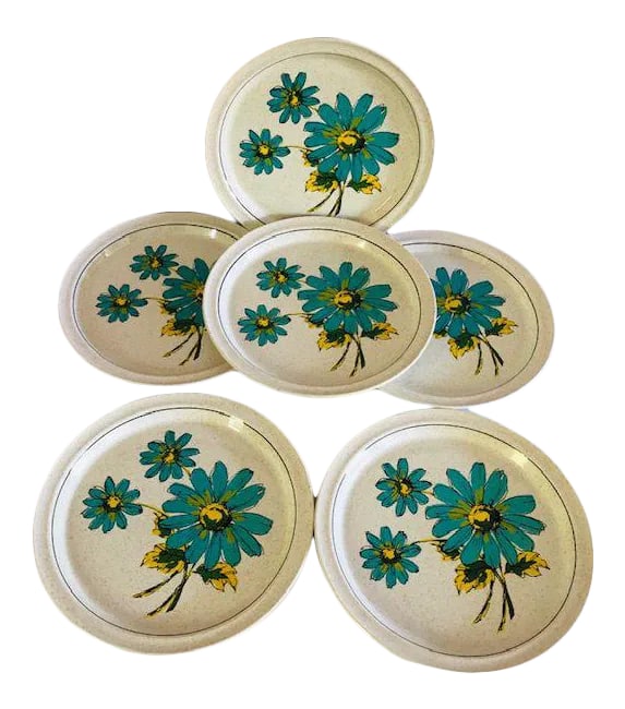 70s Brendan Erin Stone Floral Pattern Dinner Plates- Set of 6 (1 of 6)