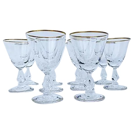 Fostoria Crystal Cordial Glasses - Set of 10: Set of ten Mid-century crystal cordial glasses with gilded rims. Maker's mark reads "Fostoria." Circa the 1970s. Condition: Alterations: Original Condition Unaltered Imperfections: Some Imperfections