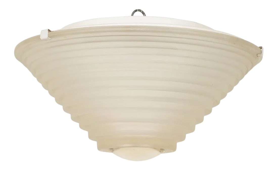 Deco Inspired Frosted Glass Flush Mount by Artemide: Deco inspired frosted glass flush mount with clear convex glass detail at center by Artemide. Signed. Manufacturer: Artemide Origin: Italy Circa: 1960s Dimensions: 8" high , 16" diameter Can also be
