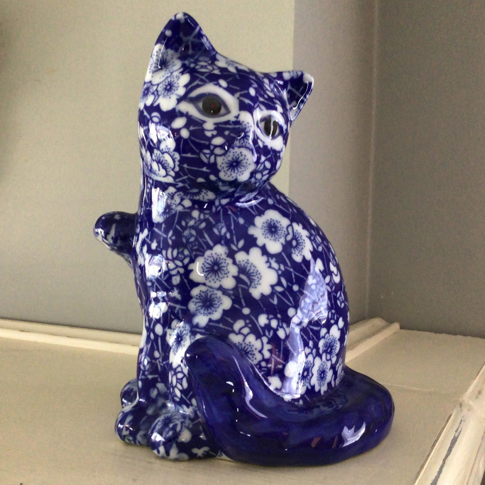 Vintage Chintz Porcelain Blue and White Floral Calico Kitten - 12