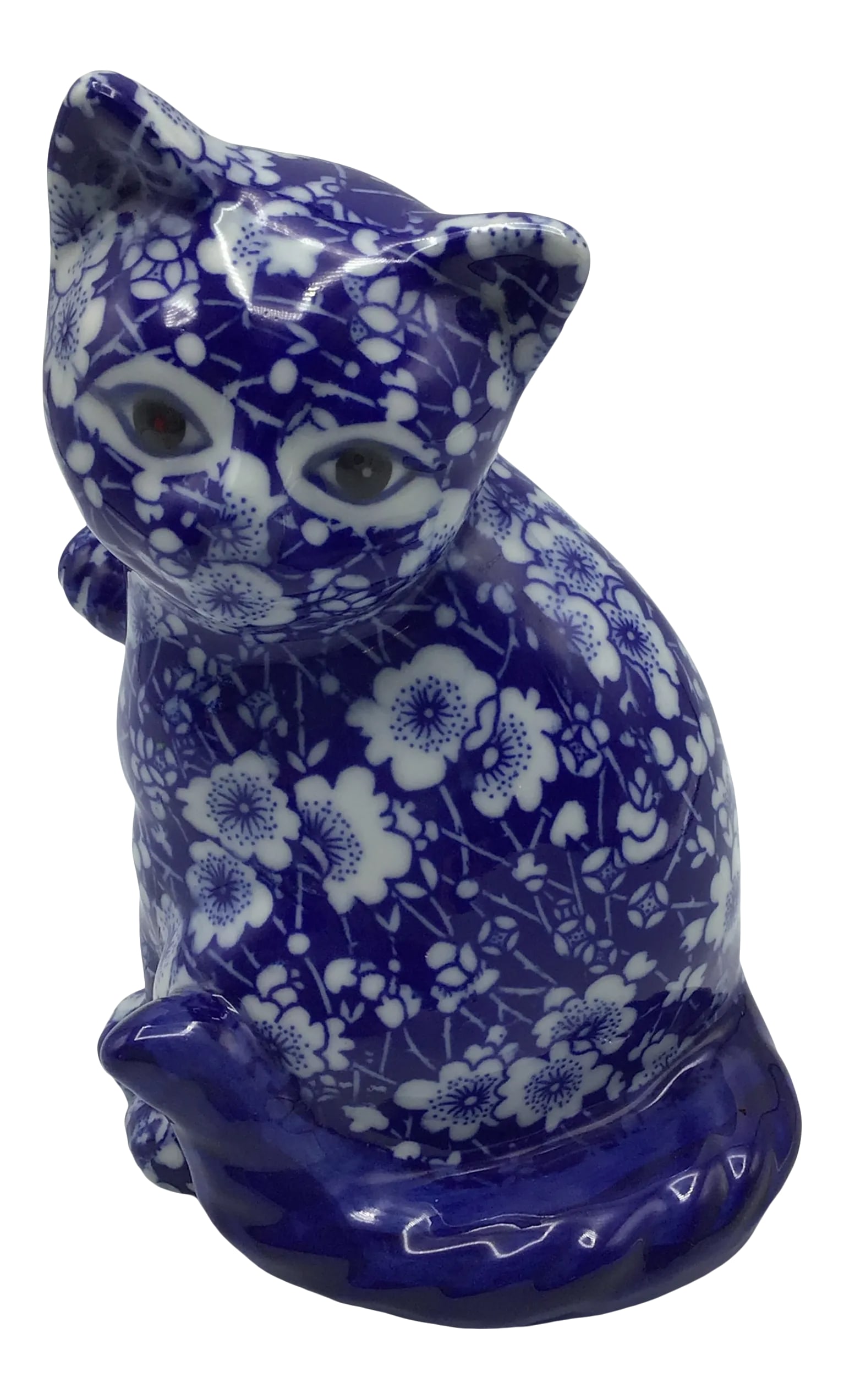 Vintage Chintz Porcelain Blue and White Floral Calico Kitten: Very elegant floral blue and white chintz kitten with raised paw. This chintz kitten is made of porcelain with dark blue eyes and tail. Condition: Alterations: Original Condition Unaltered