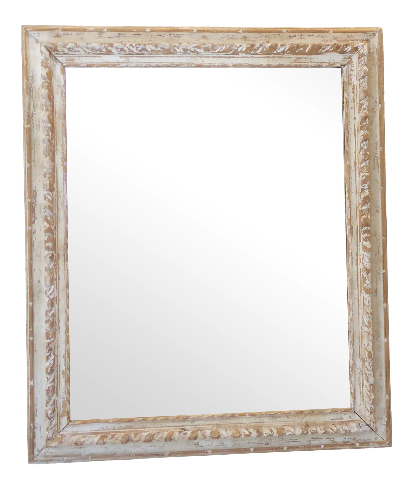 Vintage Modern Weathered Whitewashed Mirror: Mid century modern carved whitewashed, weathered wood frame with lightly distressed mirror, ready to hang, 38"H x 32"W. Condition: Alterations: Unknown Imperfections: Some Imperfections Condition
