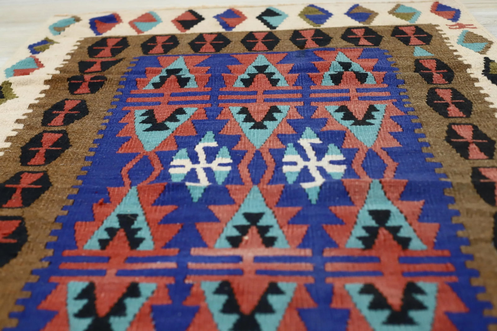 1960s Scandinavian Style Tribal Wool Blue Hand Knotted Kilim Area Rug - 10