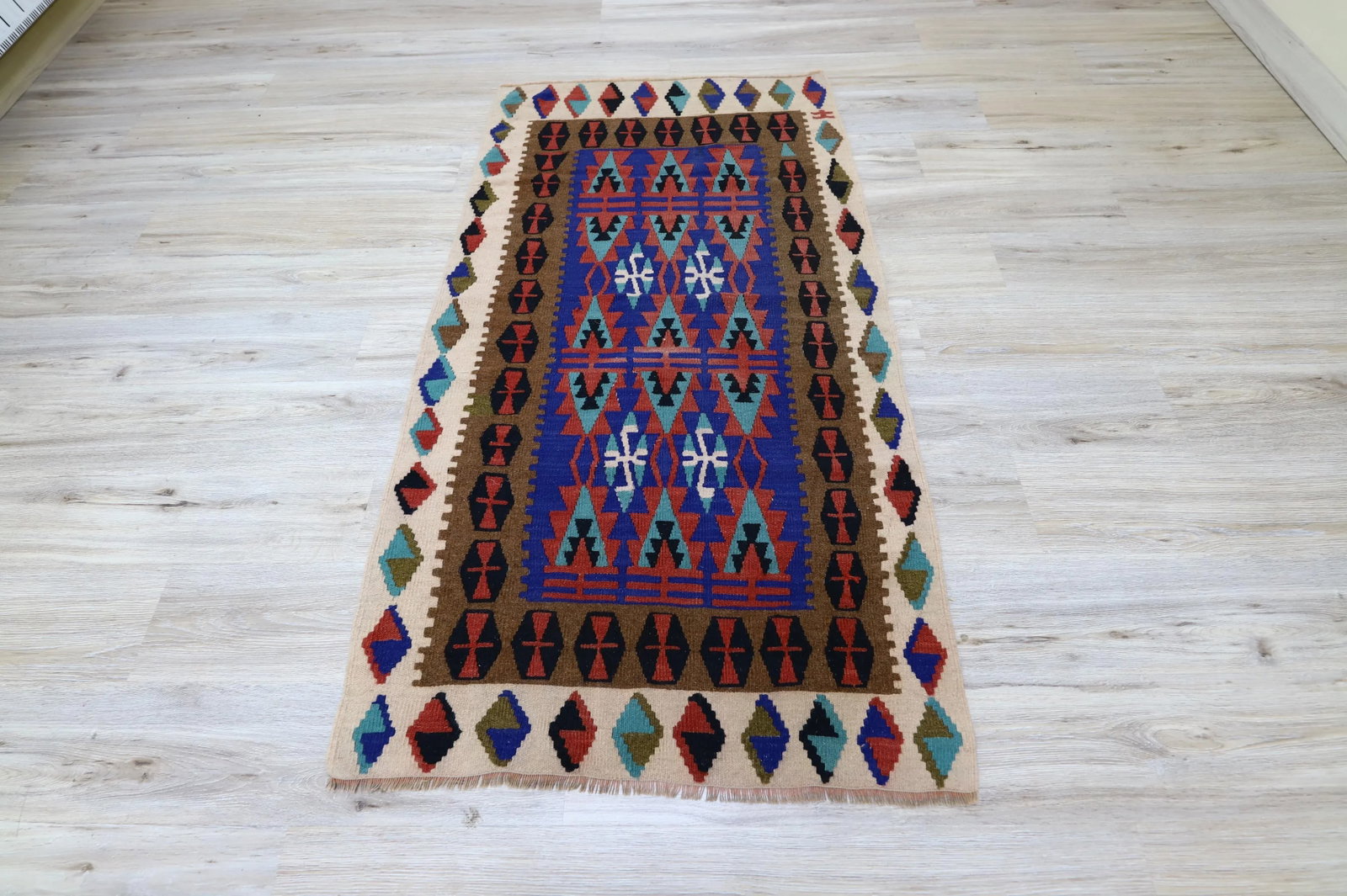 1960s Scandinavian Style Tribal Wool Blue Hand Knotted Kilim Area Rug - 13