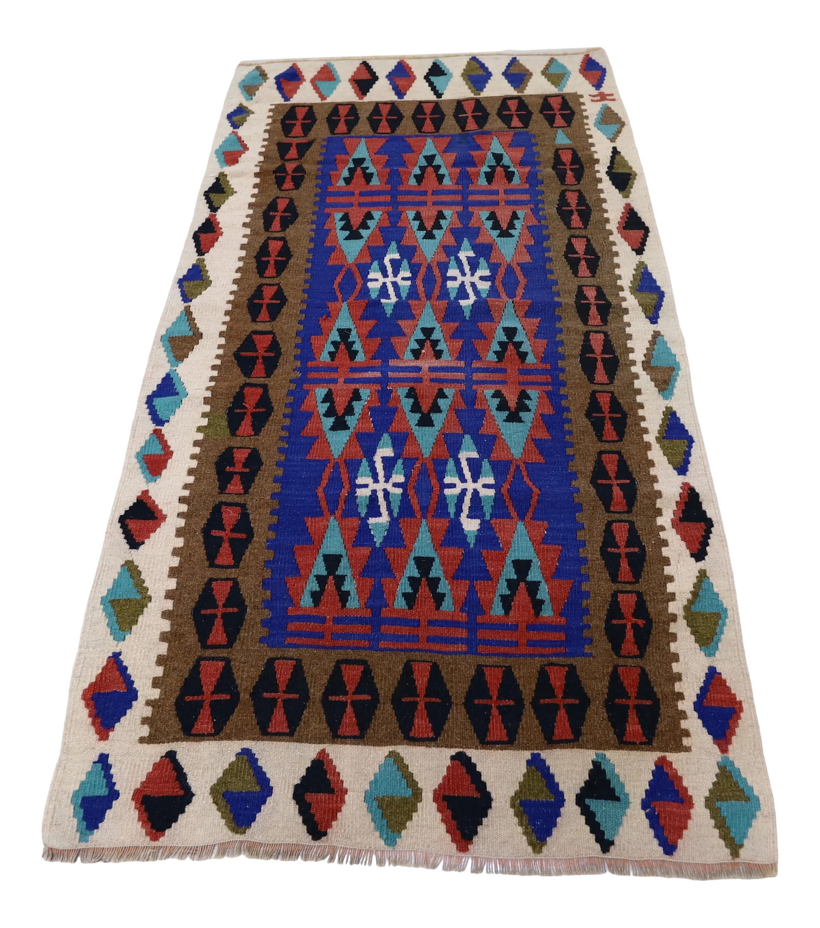 1960s Scandinavian Style Tribal Wool Blue Hand Knotted Kilim Area Rug: 1960s Scandinavian Tribal Wool Blue Hand Knotted Kilim Area Rug Size: 3.3 x 5.8 ft - 101 x 175 cm - 39 x 68 inches Color: Organic Natural Dye ( Blue,Camel,Beige,Black,Red) Material: 100% Hand Spun Org