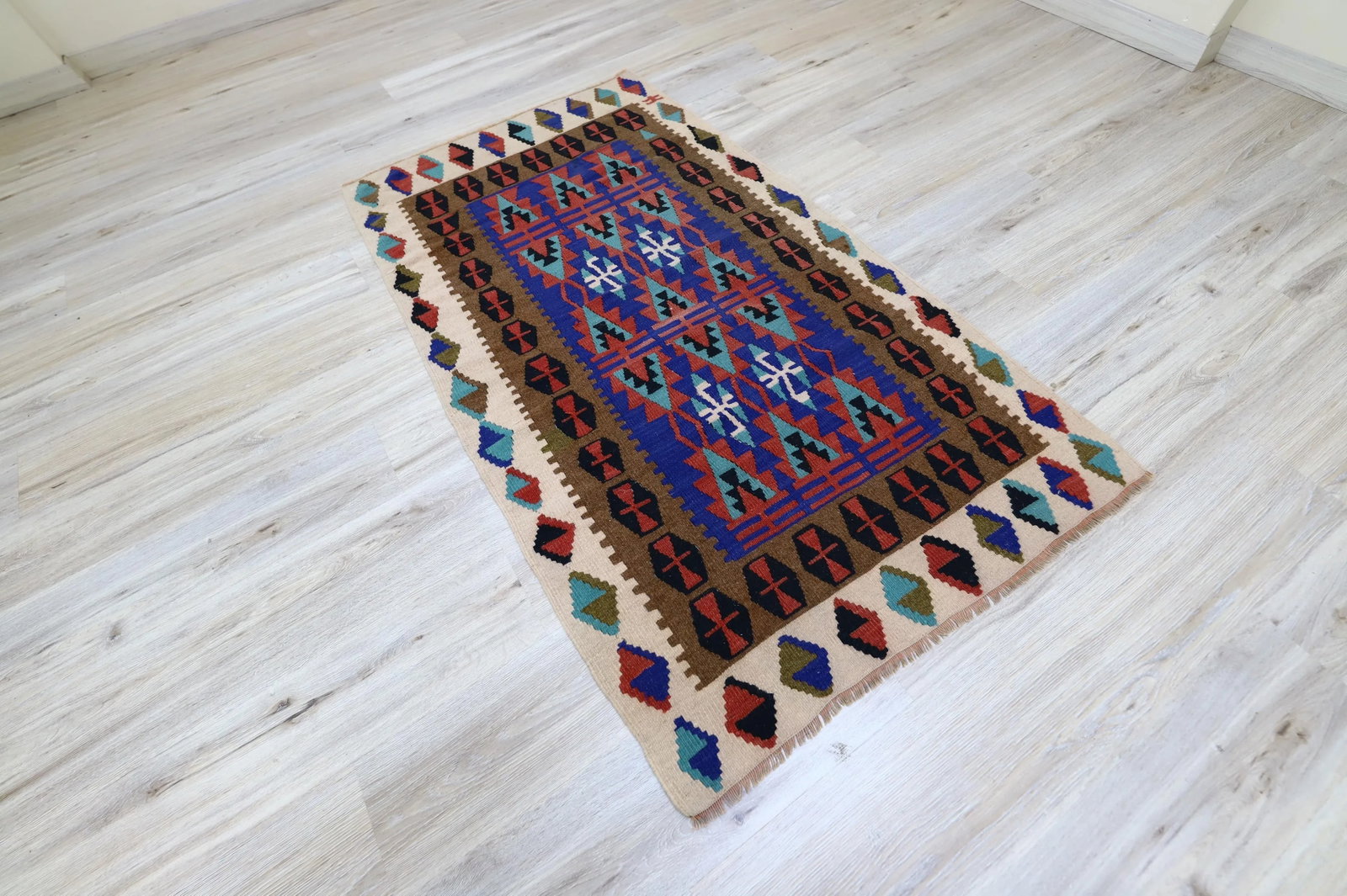 1960s Scandinavian Style Tribal Wool Blue Hand Knotted Kilim Area Rug - 2