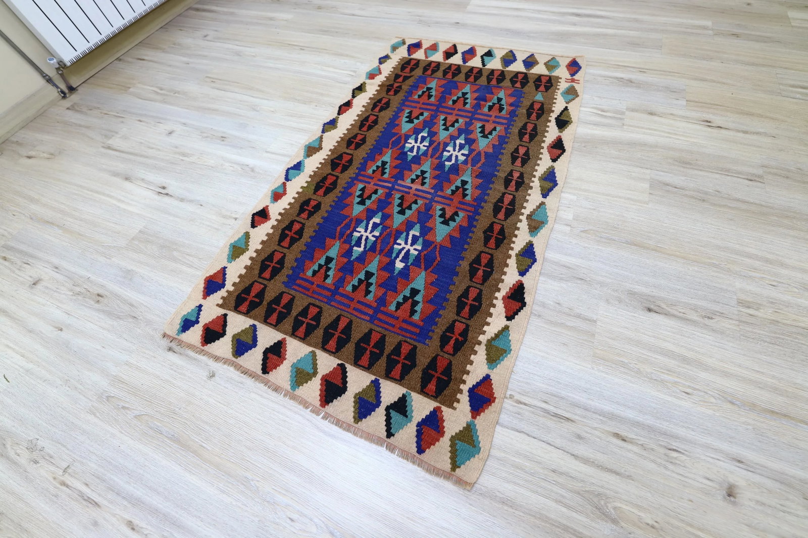 1960s Scandinavian Style Tribal Wool Blue Hand Knotted Kilim Area Rug - 3