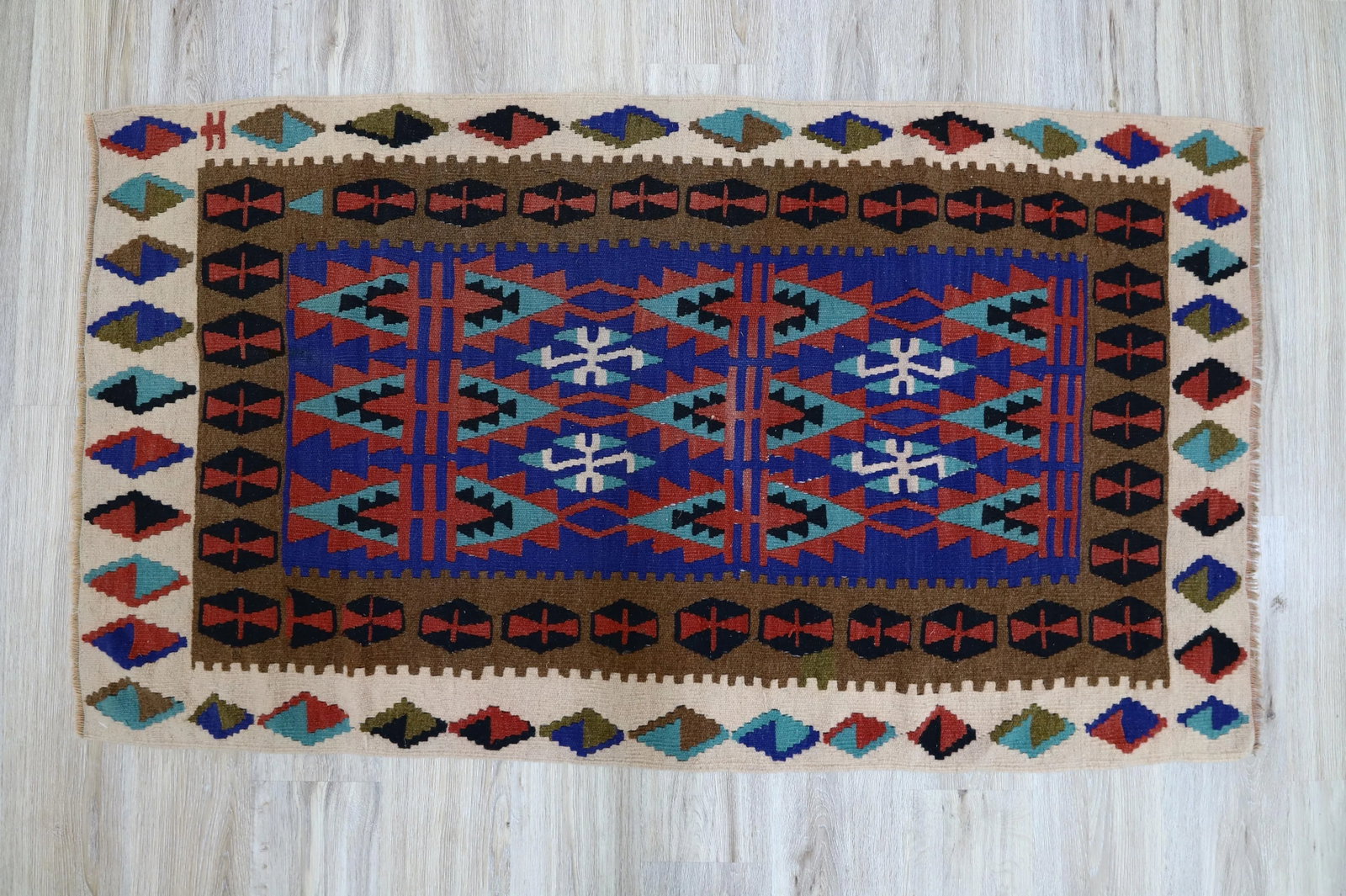 1960s Scandinavian Style Tribal Wool Blue Hand Knotted Kilim Area Rug - 4