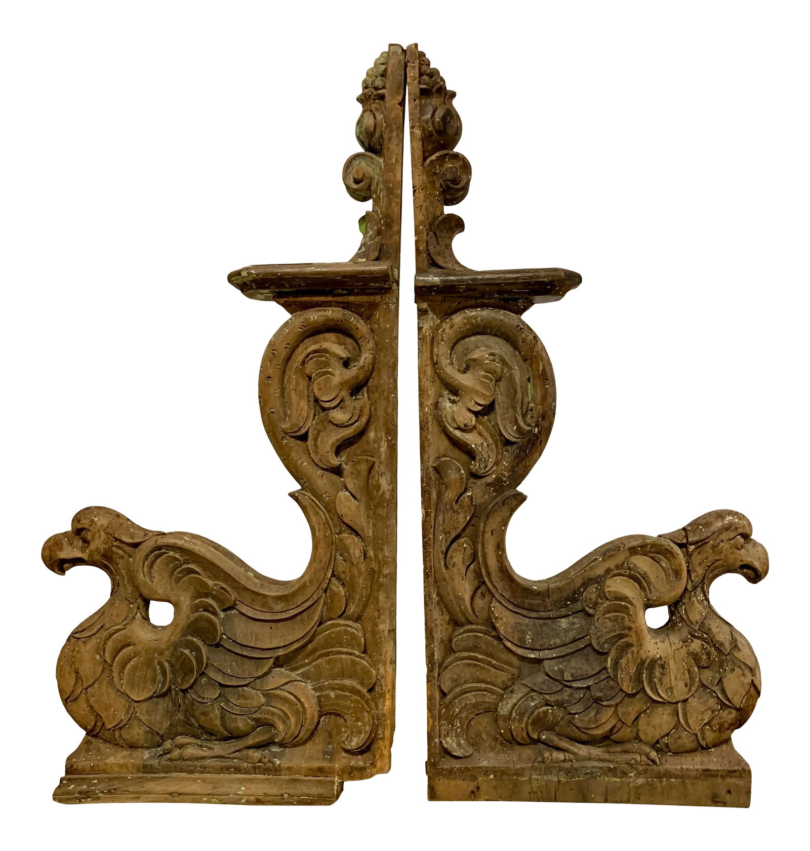 Mid 19th Century French Carved Wooden Architectural Brackets | Corbels - a Pair: A magnificent pair of 19th Century hand-carved architectural corbel wall brackets. The exquisite French craftsmanship shows in the detailed carvings highlighted by the strong Eagle head and robust