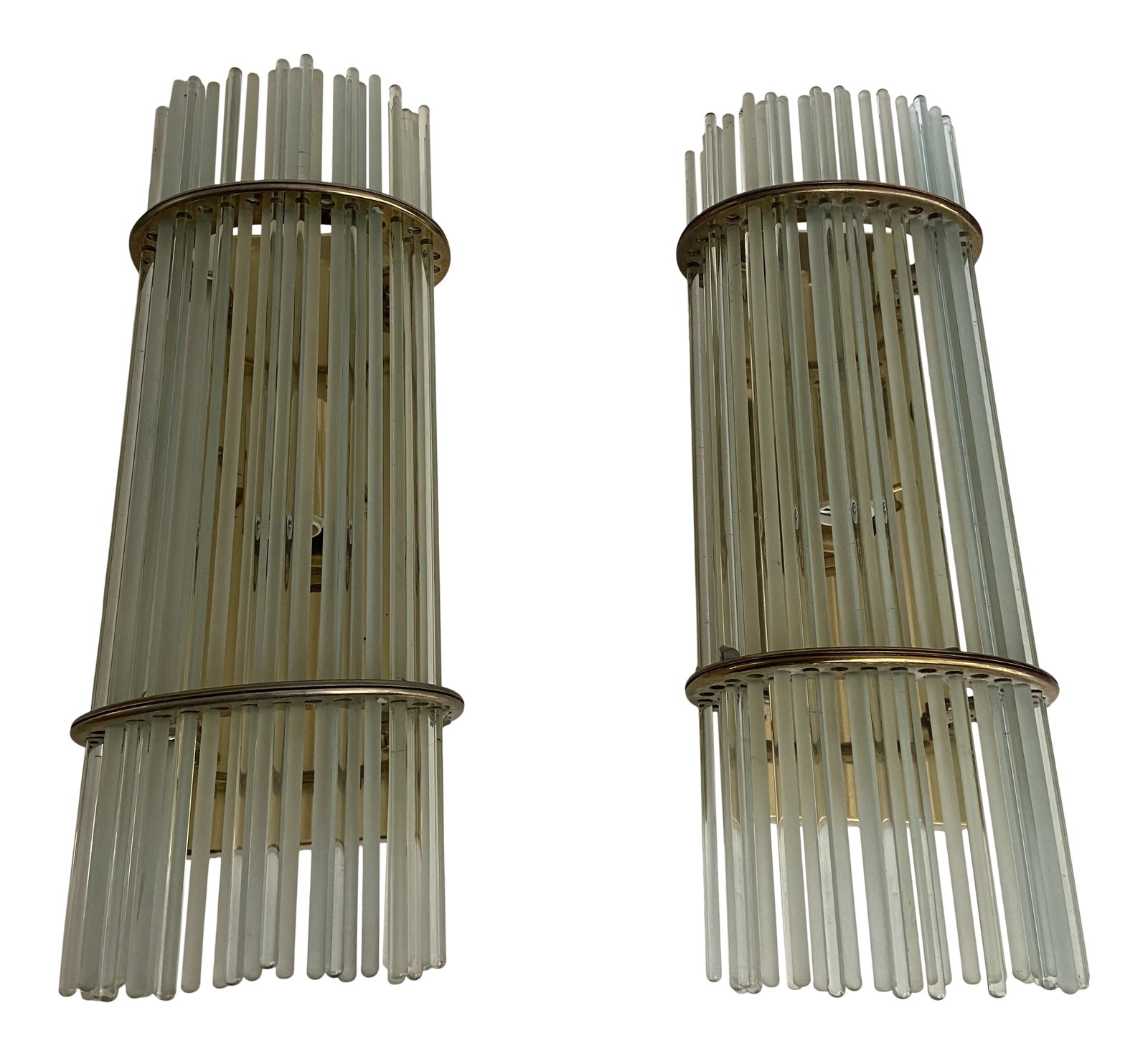 Mid Century Post Modern Murano Venini Italy Style Glass Sconce a Pair: Gaetano Scolari style Glass Rod Sconce A Pair Mid Century Modern Clear Murano Venini Italy style sconces Brass Glass rods On each side are the holes without rods. Opinion For illuminare lighting and