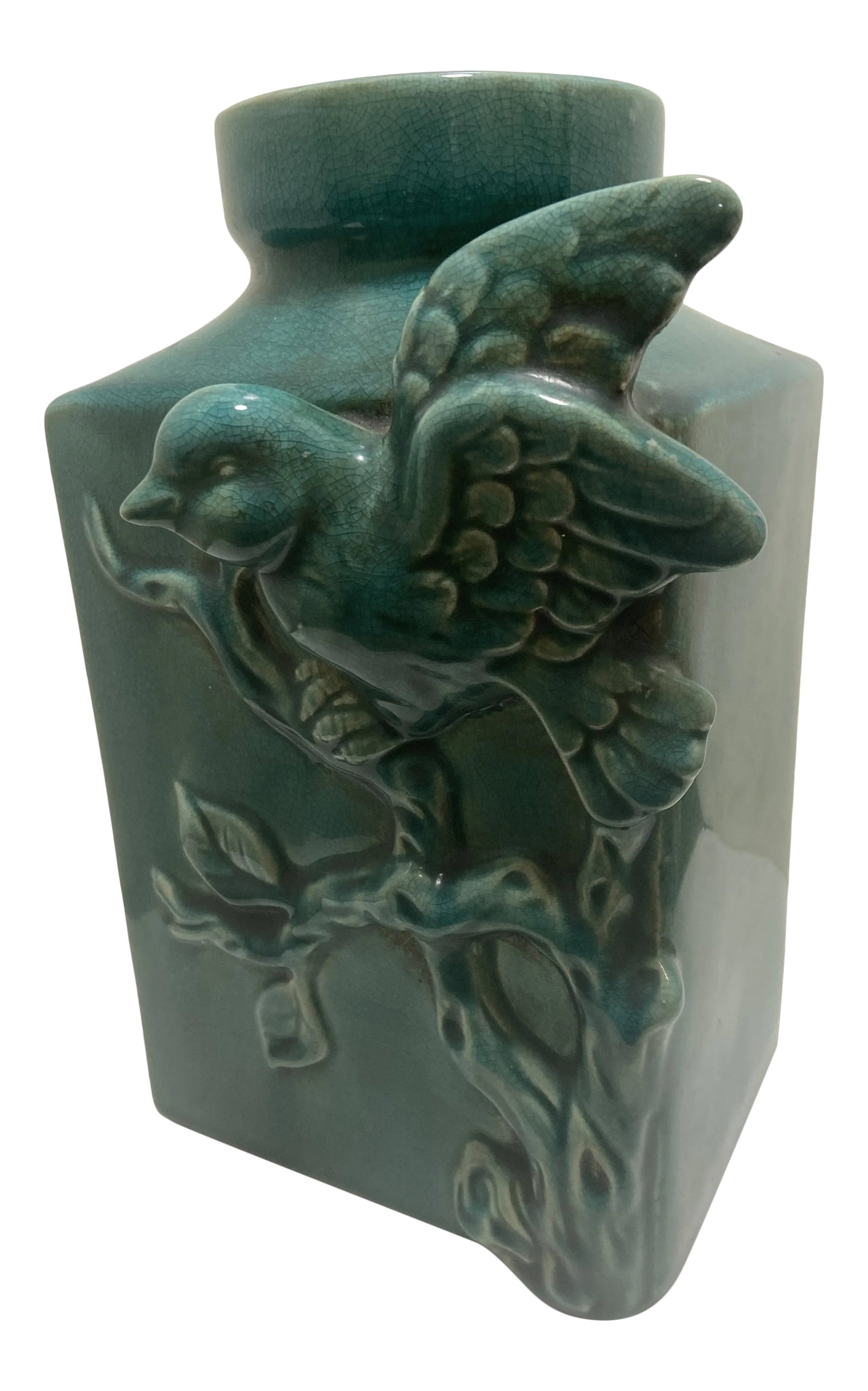 Vintage Art Deco Porcelain Bird Urn Vessel Vase: Vintage Ceramic Bird Planter Urn Vase In a beautiful green color The bird is in a relief form coming iff the beautiful branches Crazing thru out Actual age unknown Please follow us! Condition: Alterat