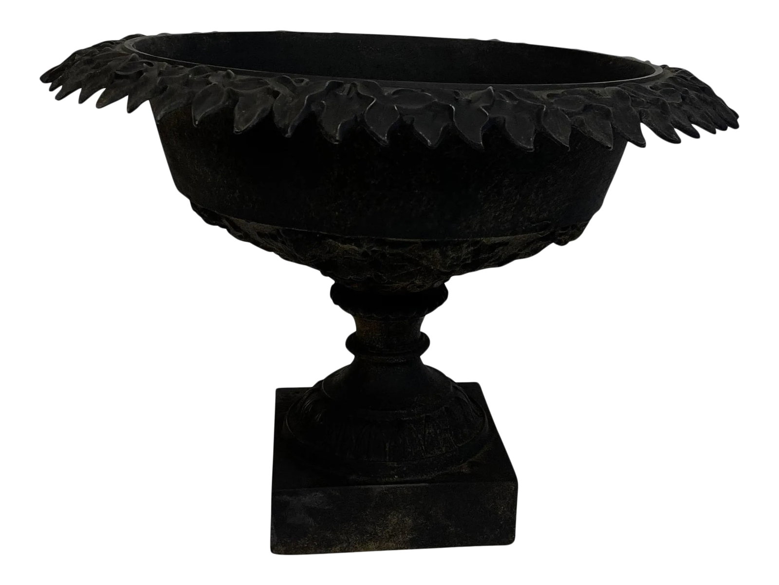 Late 19th Century Victorian Black Cast Iron Jardiniere: Victorian black cast iron round urn form jardiniere/ planter. Pedestal base with leaf form decoration and flower petal decoration around the rim, a hole in the bottom for drainage. The basin sits on