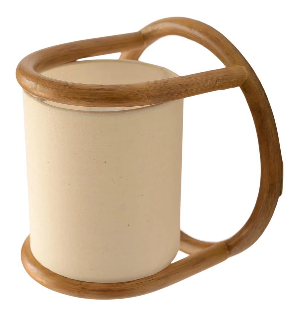 Vintage 1970s Boho Bent Bamboo Electric Wall Sconce: A unique and rare lighting piece of incredible boho charm! This electric wall sconce/light is made of bent bamboo with a traditional linen lamp shade. Emits a very nice pleasant warm glow. Made in the