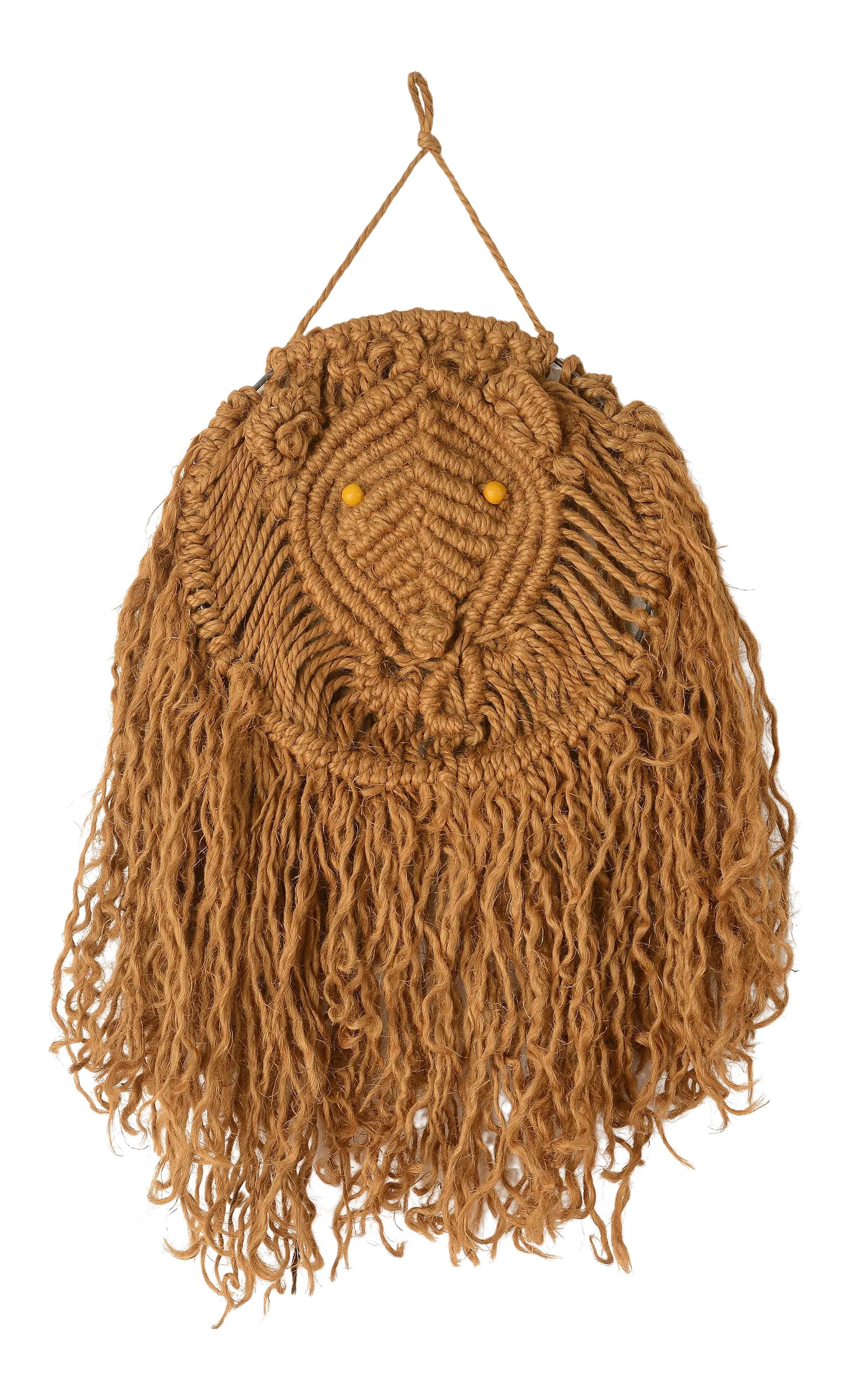 Vintage 1970s Boho Lion Head Jute Macrame Wall Hanging: Incredibly charming and rare vintage 1970s macrame of a lion head made of woven jute. The eyes are made of yellow wooden beads. This macrame is supported by a 14" diameter metal ring that forms the