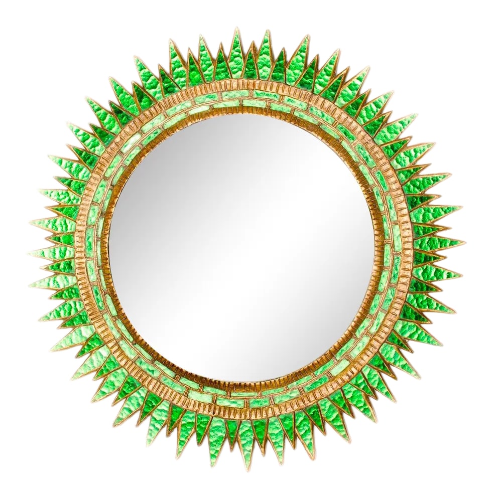 Green Glass Convex Wall Mirror in the Manner of Line Vautrin: A large green glass, gilt wood and gesso convex "Soleil a pointes" mirror in the manner of Line Vautrin. Materials: Glass, Wood, resin Style: Contemporary Place of Origin: Europe Period: Modern Color: