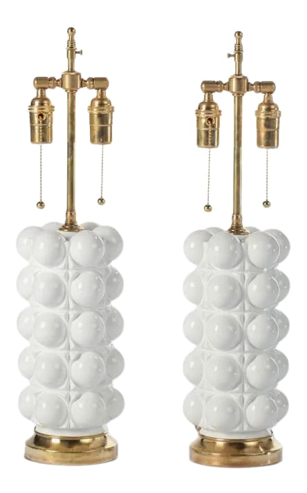 1970s White Lacquered Glass Bubble Table Lamps - A Pair: Pair of 1970s white lacquered glass bubble table lamps. Origin: United States Dimensions: 23" high , 6" diameter Materials: brass, glass Condition: Alterations: Restored Imperfections: Some