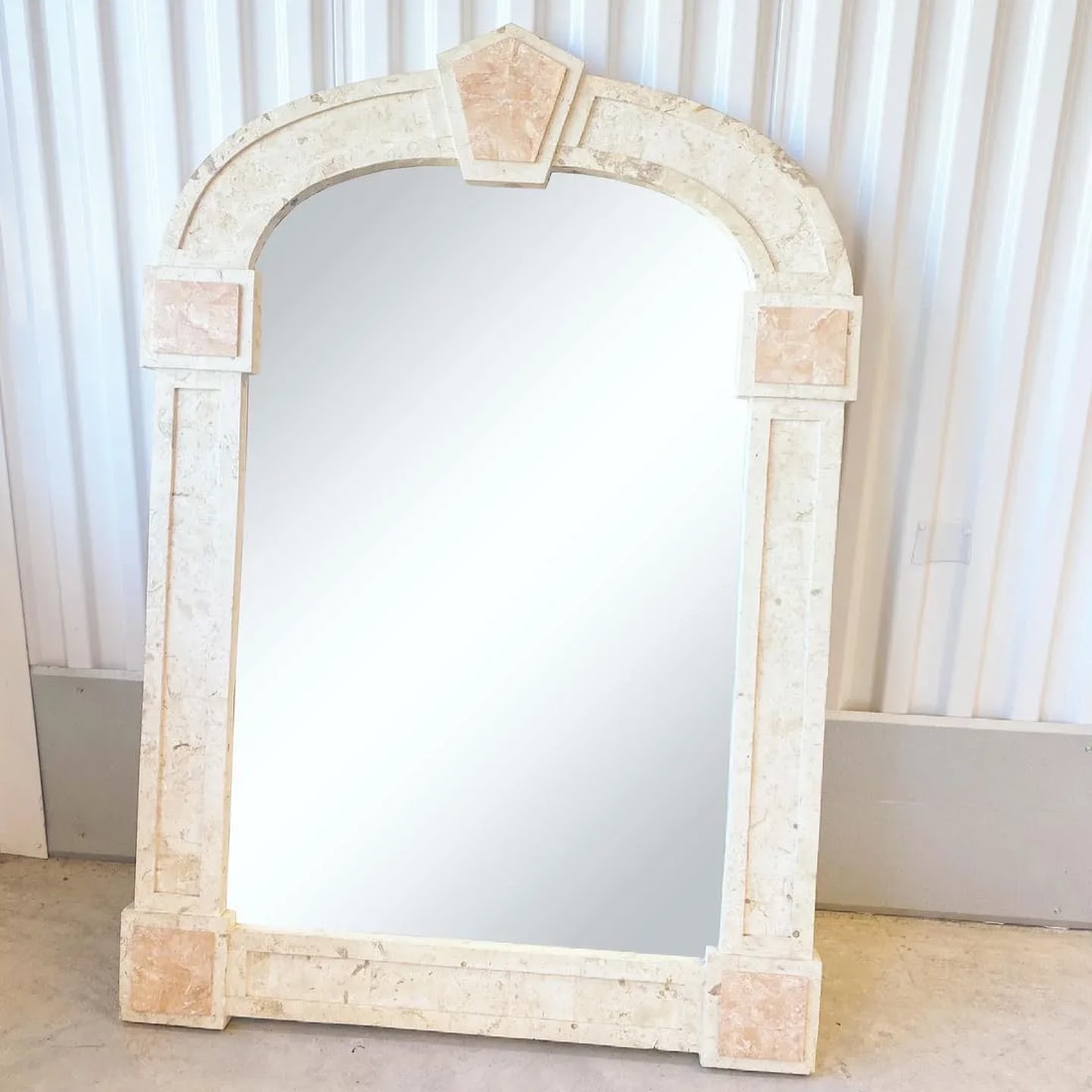 Postmodern Travertine and Inlaid Blush Marble Mirror - 11