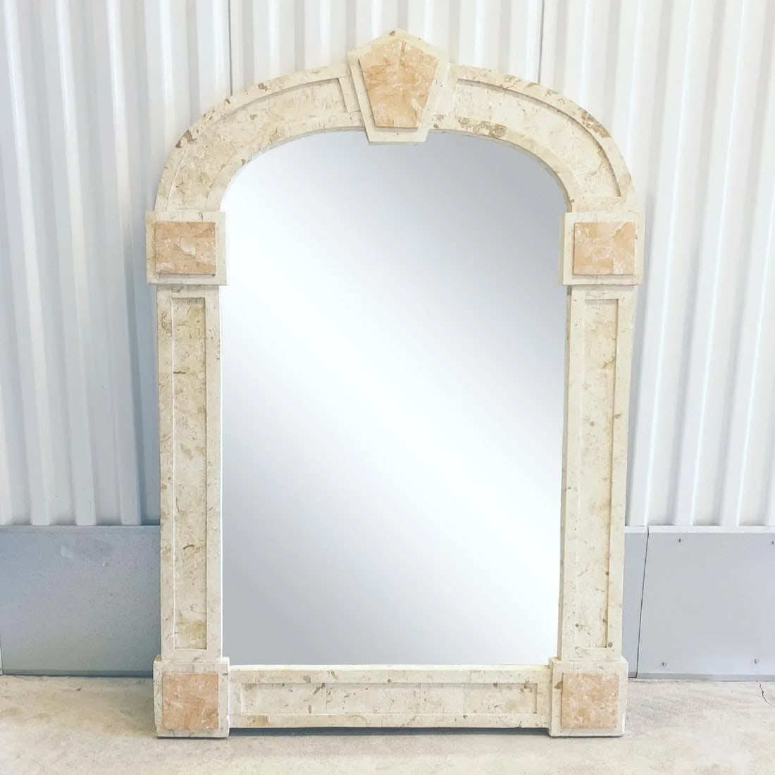 Postmodern Travertine and Inlaid Blush Marble Mirror - 13
