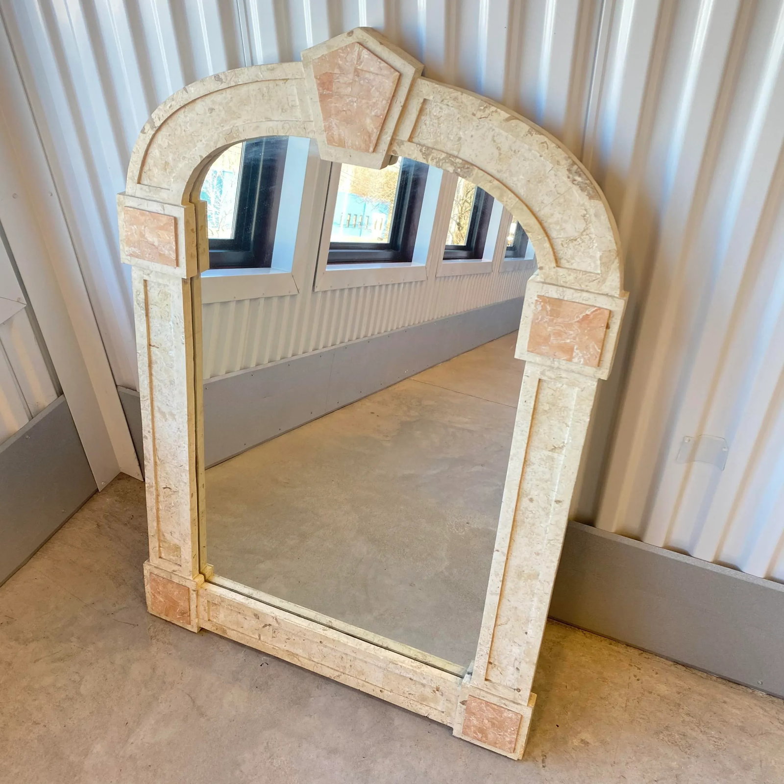 Postmodern Travertine and Inlaid Blush Marble Mirror - 2