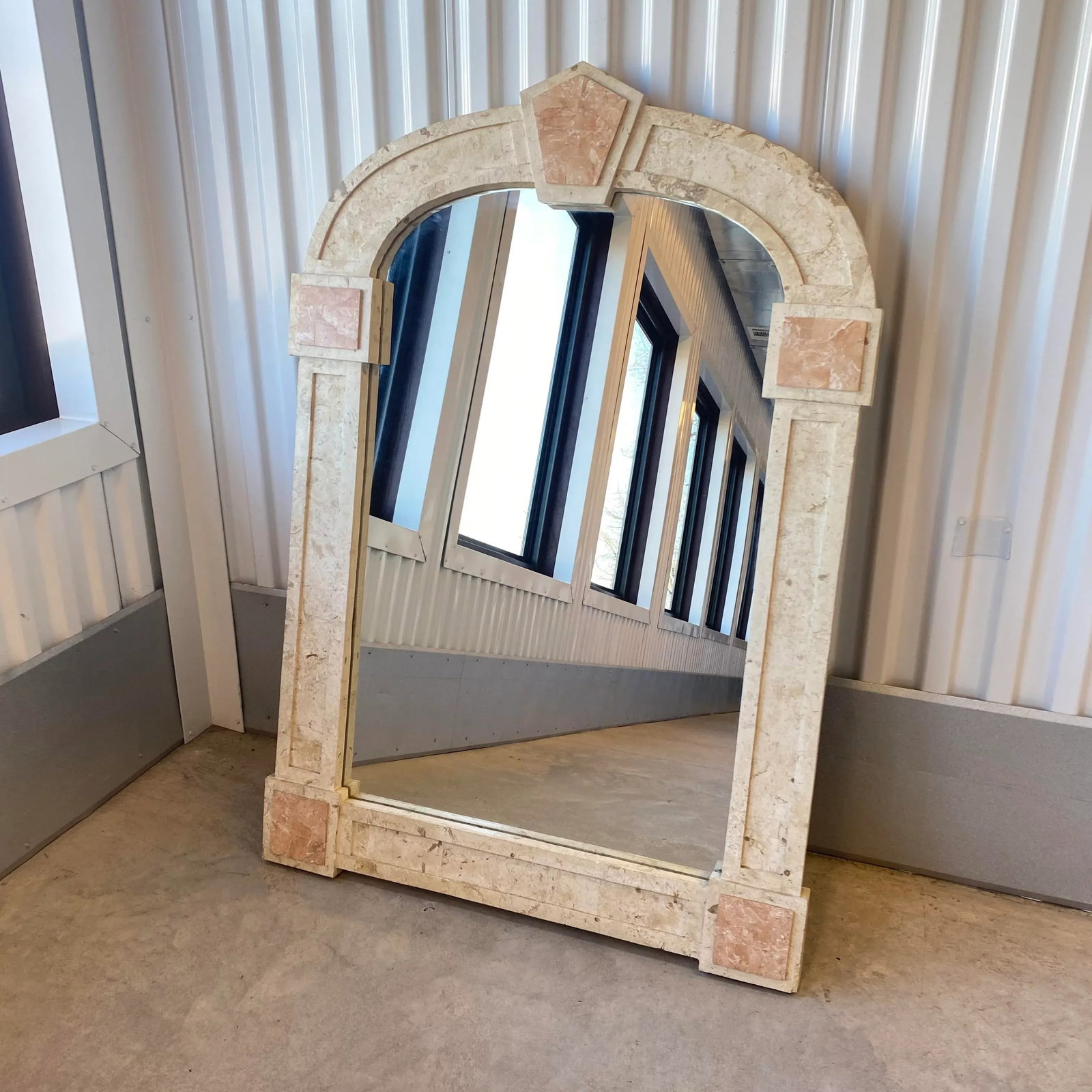 Postmodern Travertine and Inlaid Blush Marble Mirror - 3