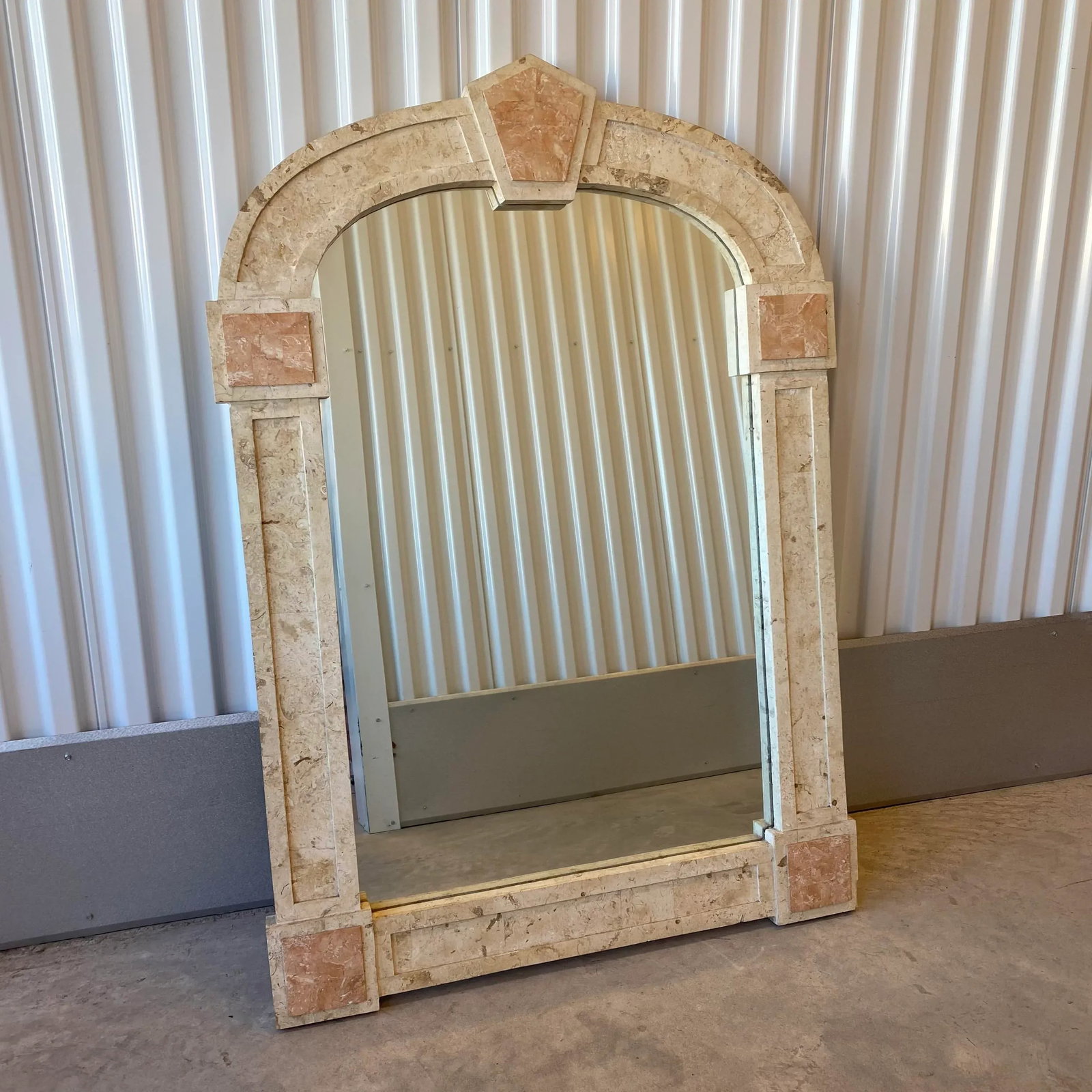 Postmodern Travertine and Inlaid Blush Marble Mirror - 4