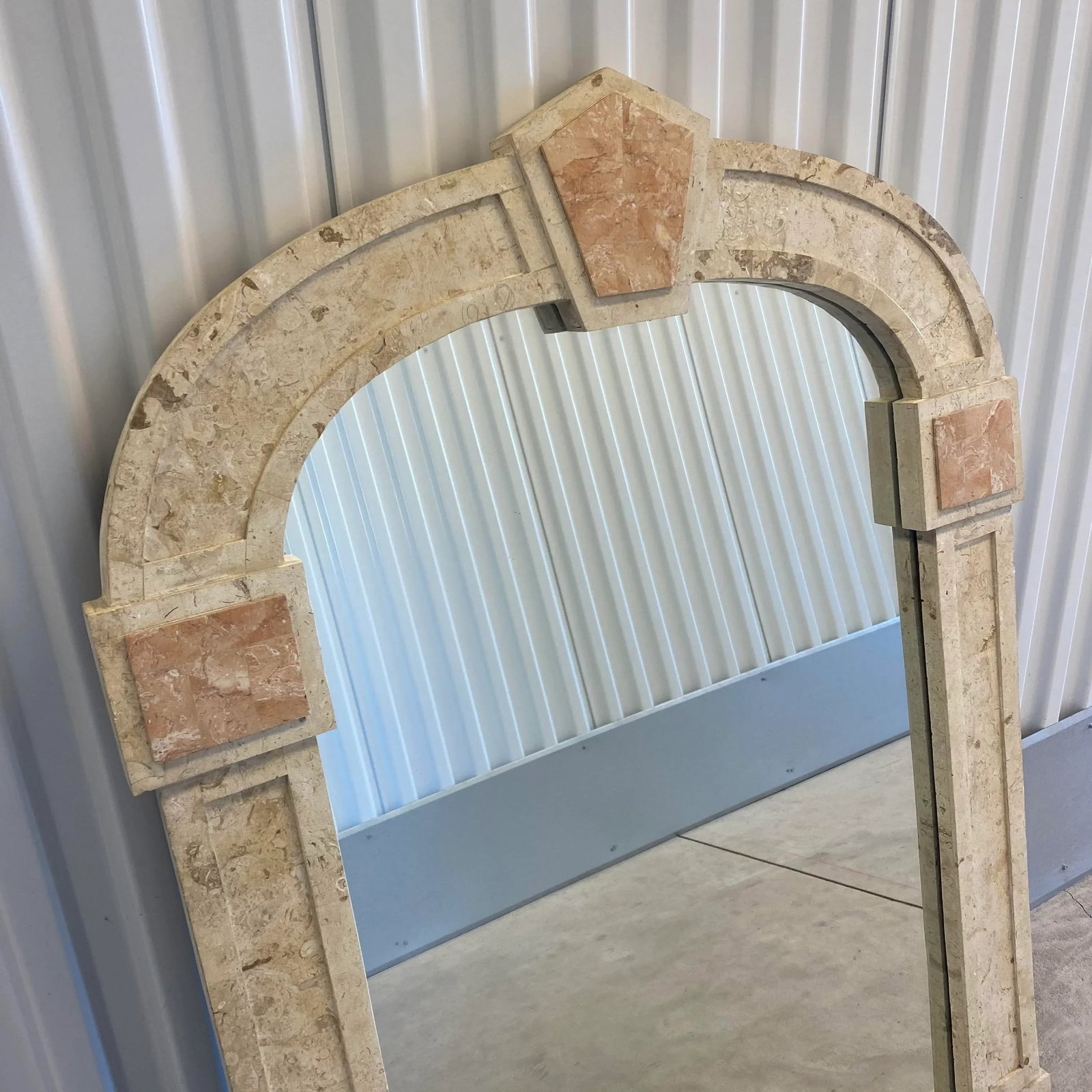 Postmodern Travertine and Inlaid Blush Marble Mirror - 5