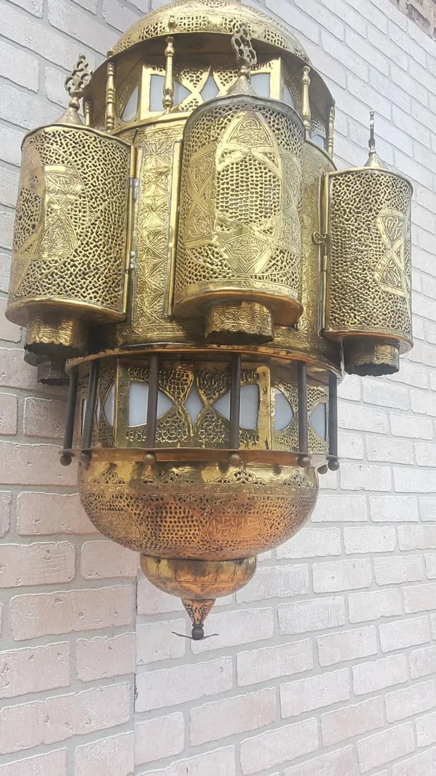 Antique Moroccan Moorish Style Pierced Brass Chandelier - 10